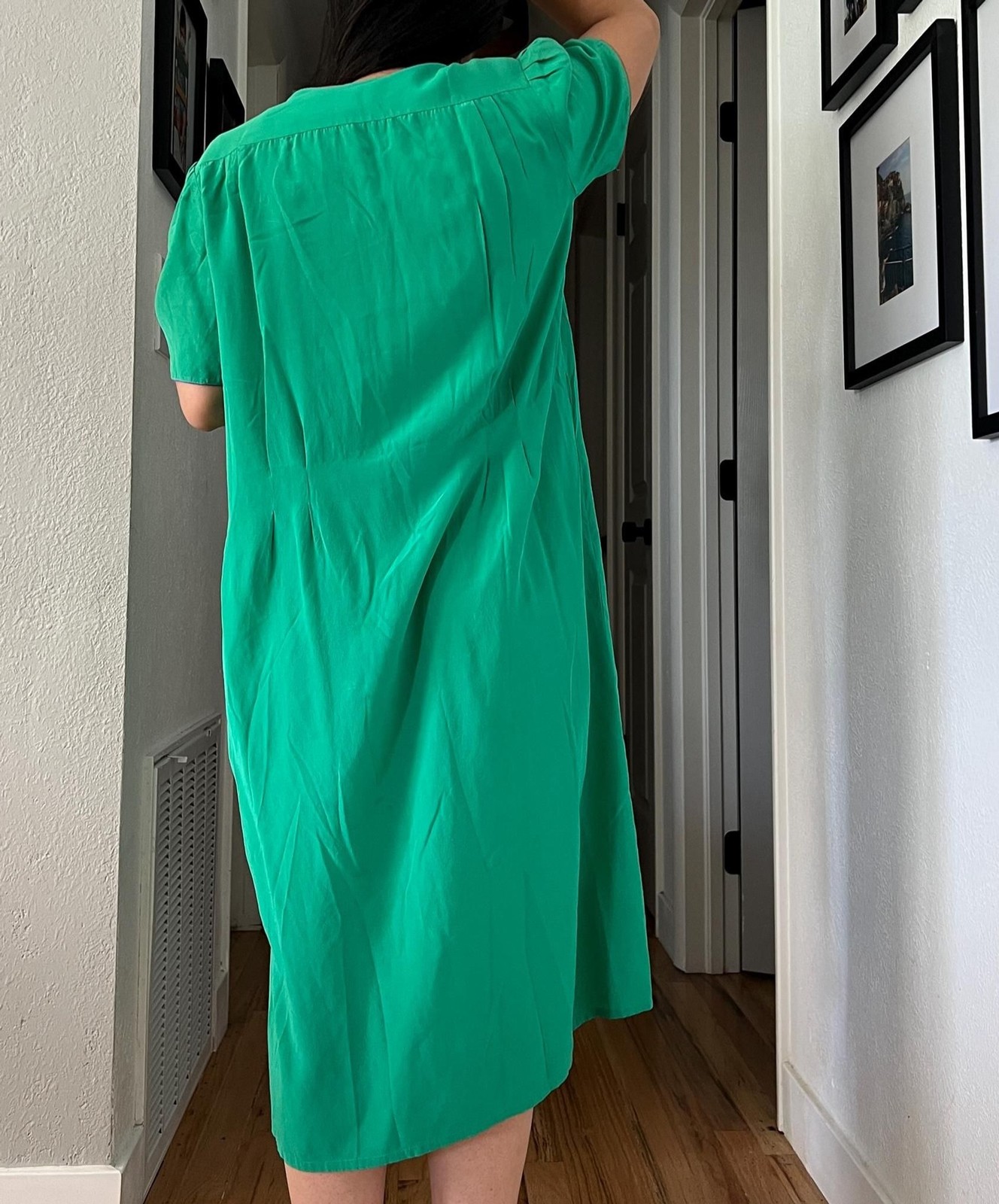 vtg bright green silk midi shift dress size 16 purple red plus work business