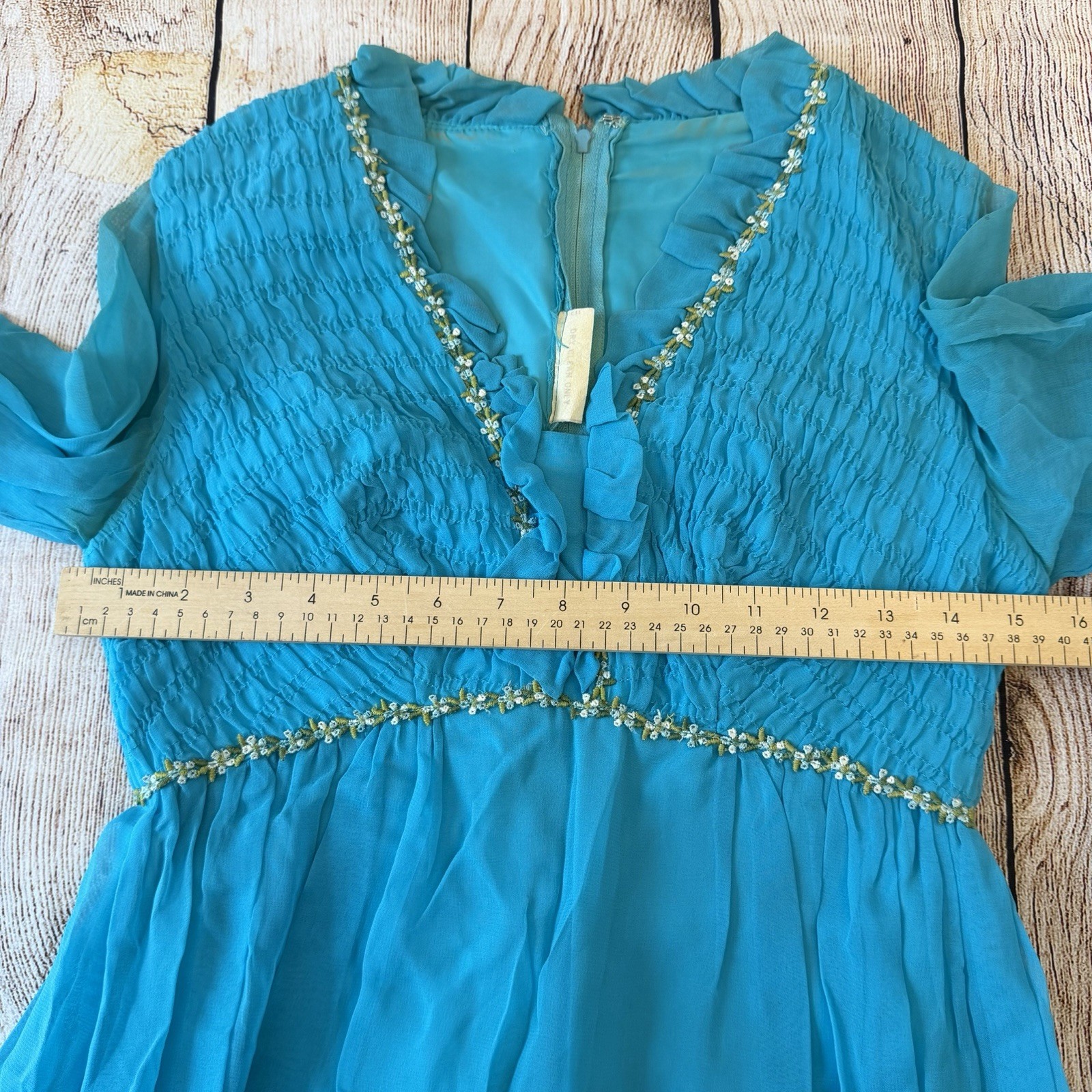 Vintage 70s Teal Chiffon Maxi Dress Size XS Bridesmaid Twiggy Retro MCM 60s Gown