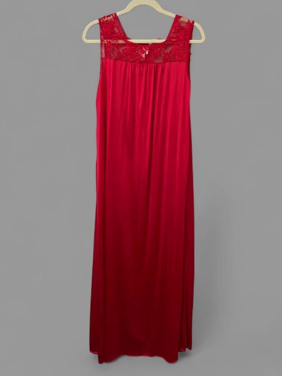 Vintage Night Gown Samye Red Lace Maxi Slip Dress with Floral Lace Trim