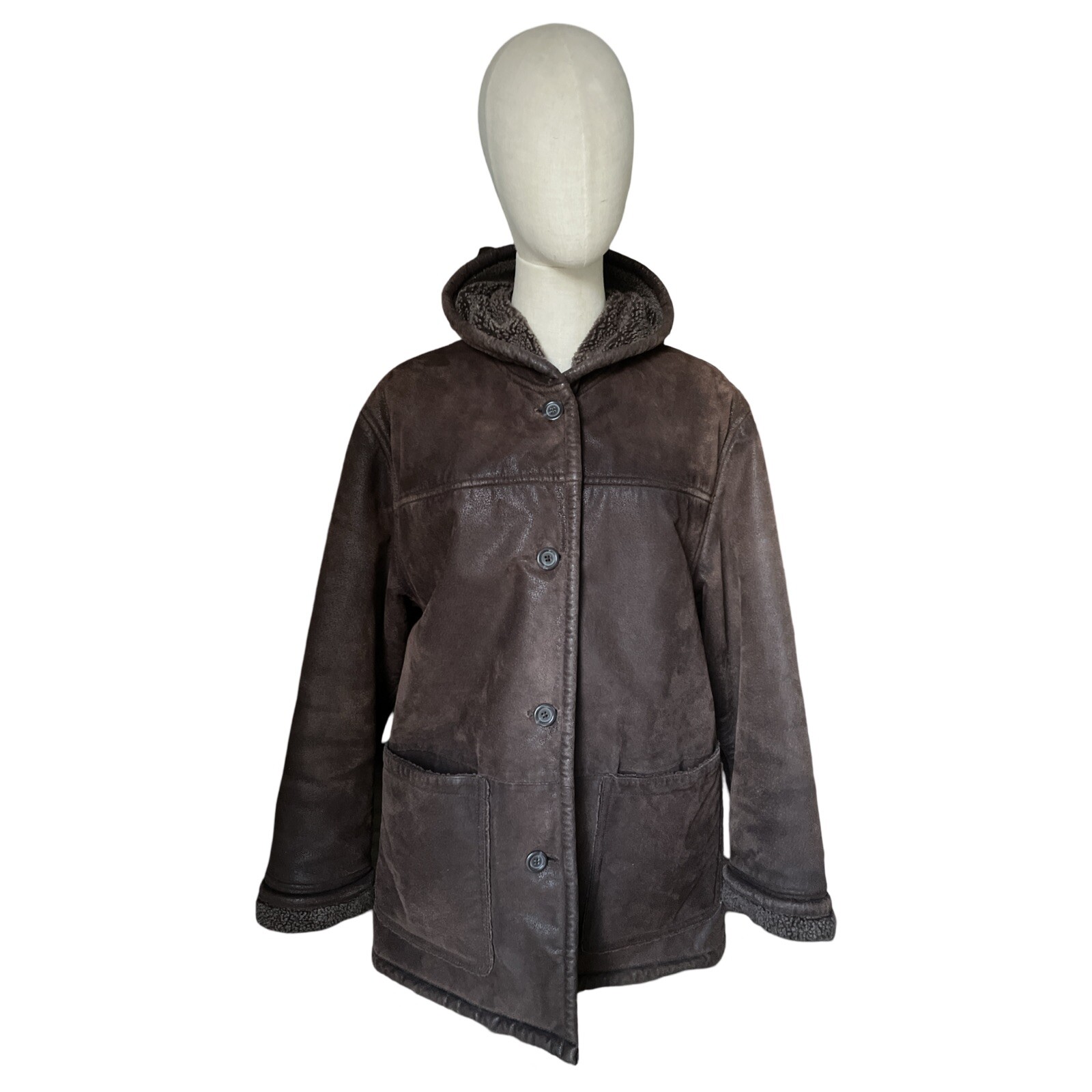 Vtg Brown Genuine Leather Faux Sherpa Lined Coat