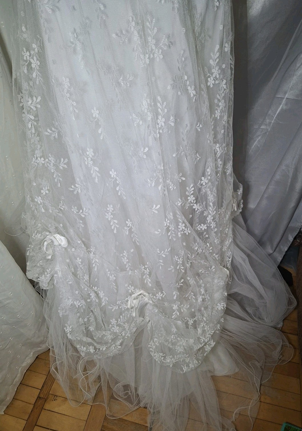 Vintage 80s PRONUPTIA Paris Lace Wedding Dress Puff Sleeve Bridal Gown XS/S