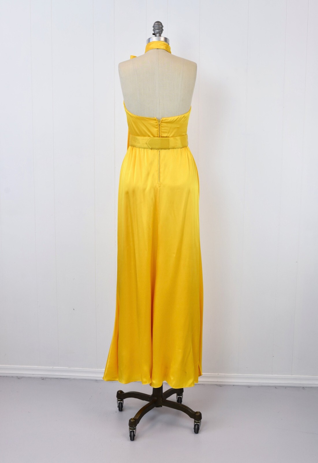 Vintage 1970s Oscar de la Renta Yellow Bow Rhinestone Belt Party Dress Gown