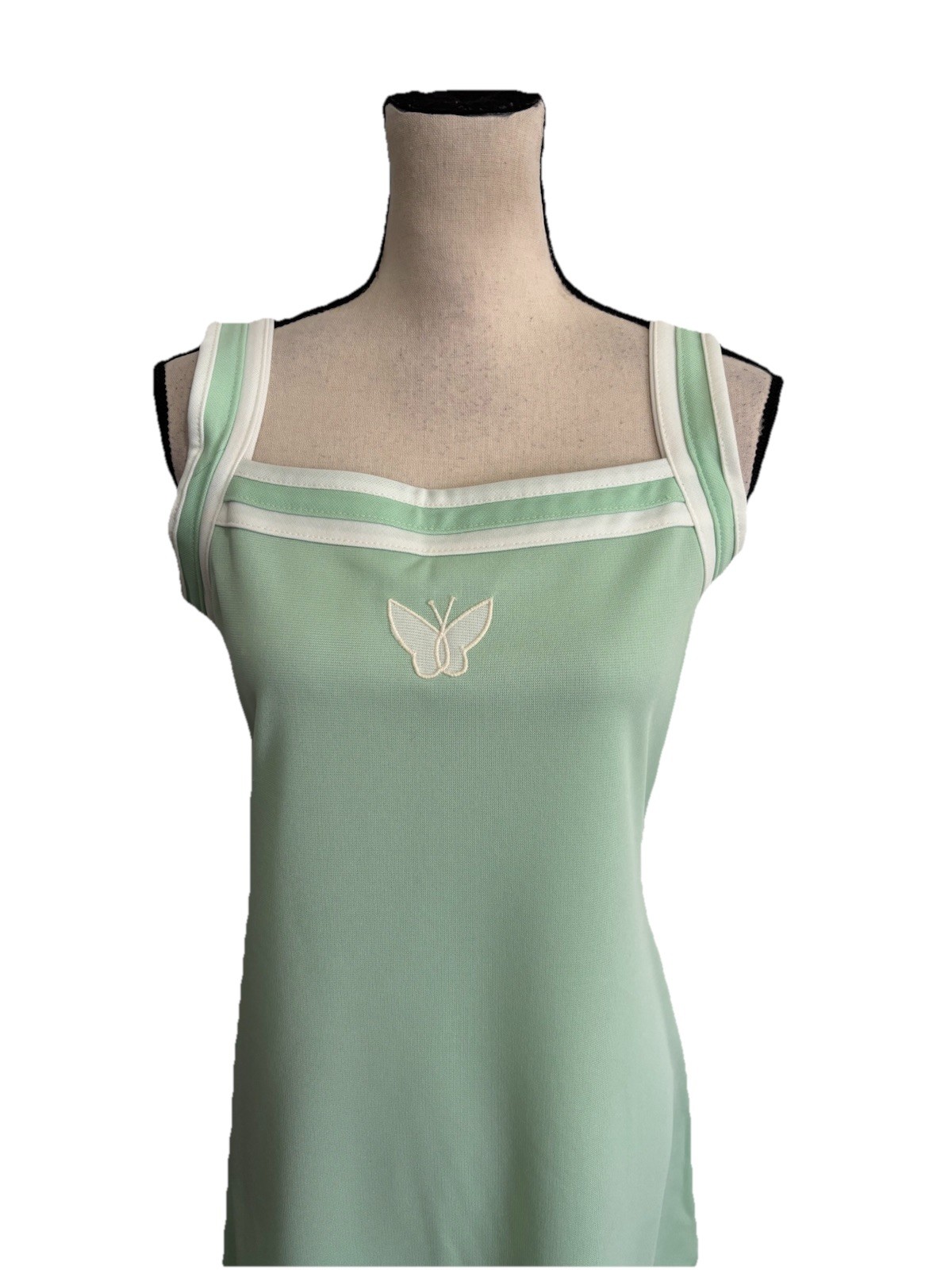 Vintage 1970s Dress Mint Green Butterfly Accent White Trim Summer Size 16