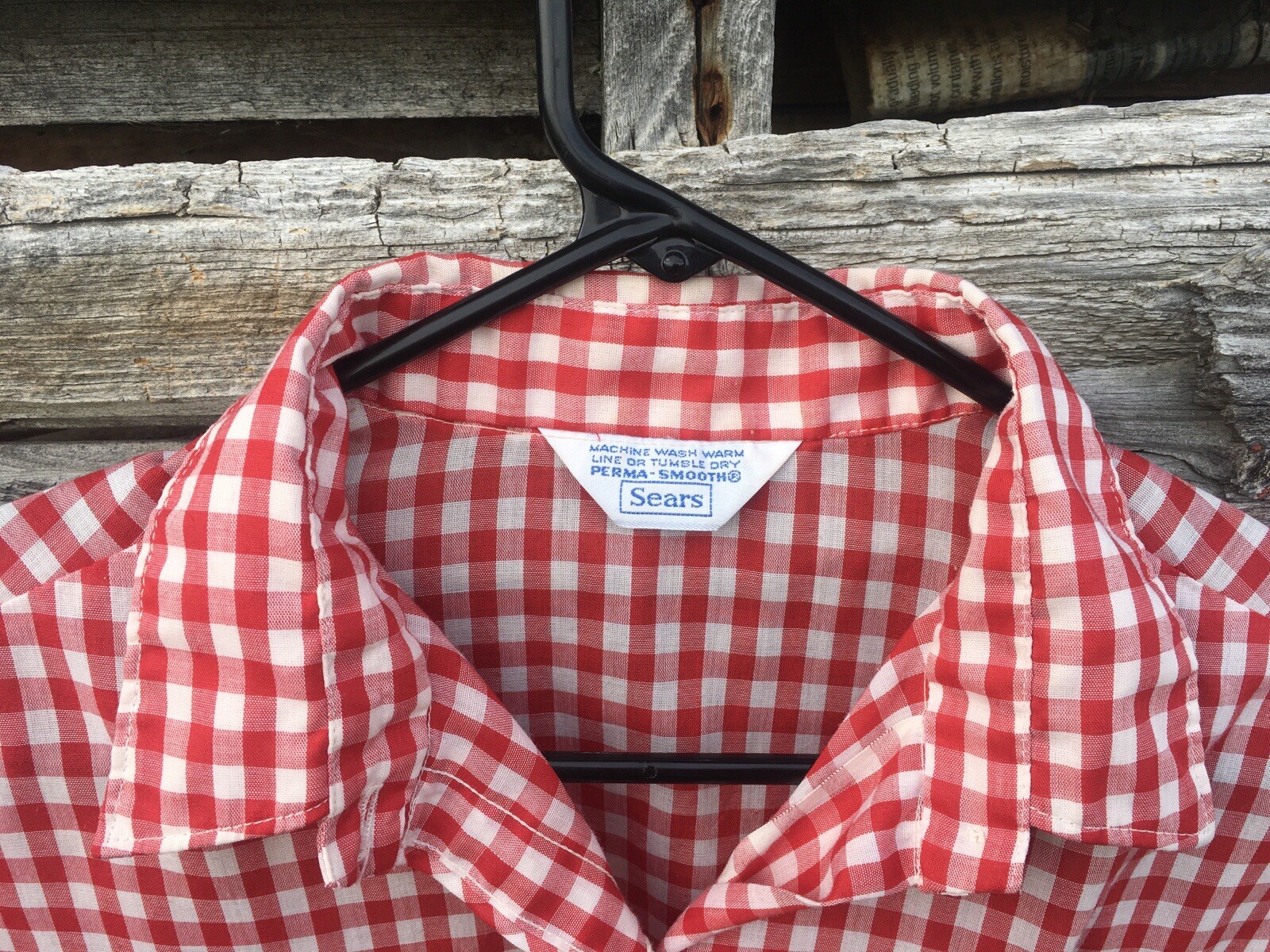 Vintage SEARS Perma-Smooth Red Checkers M Button Up Shirt Blouse Rockabilly Nice