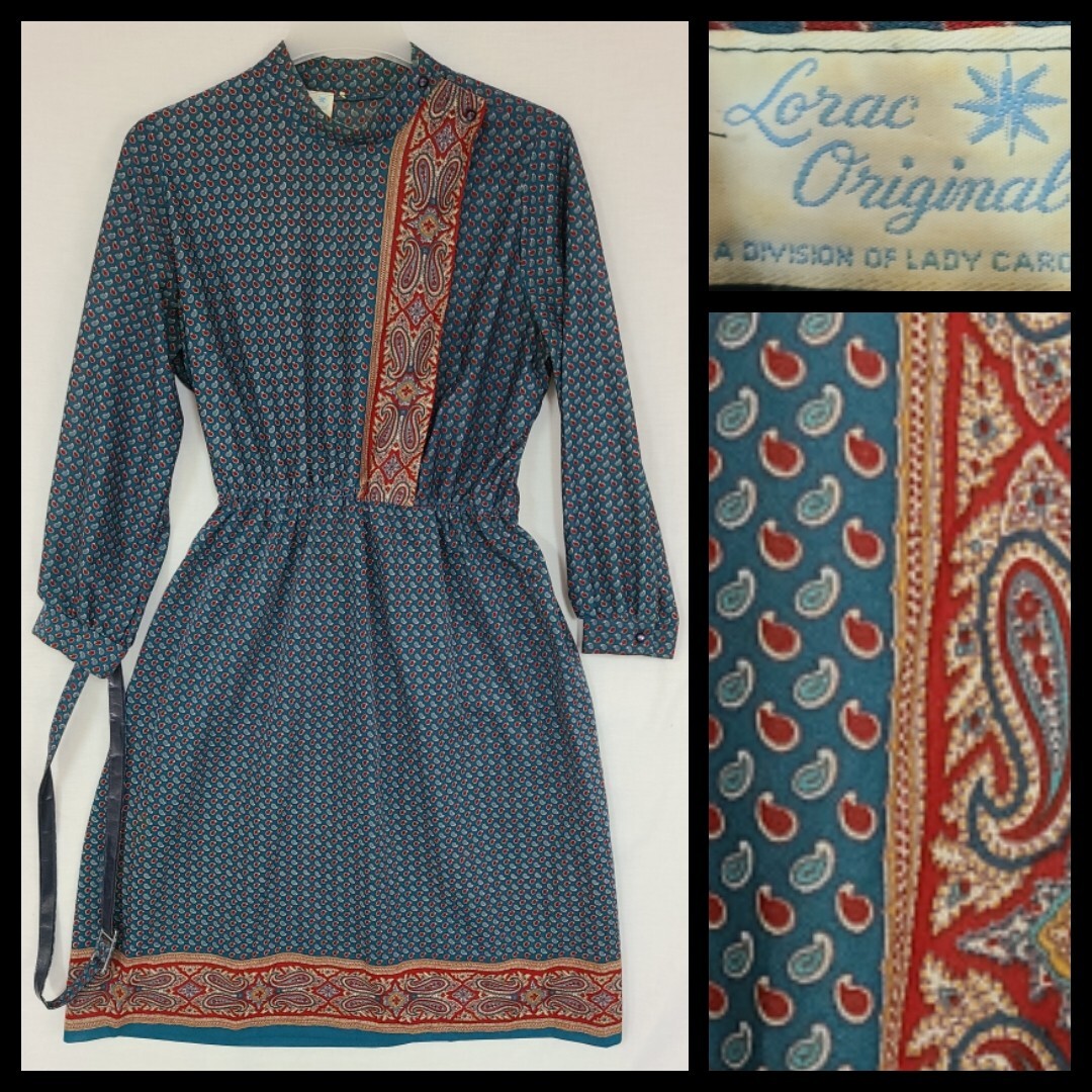 Vtg Lorac Original By Lady Carol Teal Paisley Crepe Blouson Belted Dress