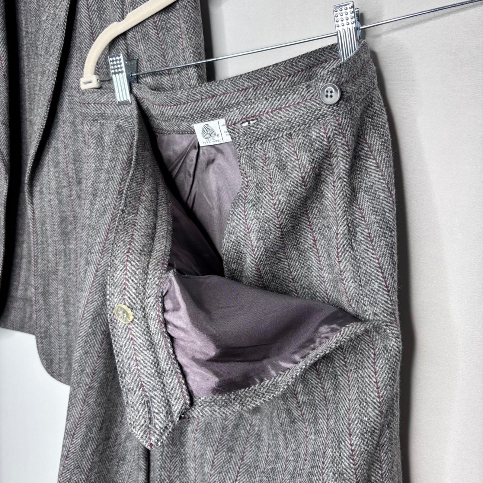 80s Wool Herringbone Blazer and Skirt Set Size M Classic English Countryside