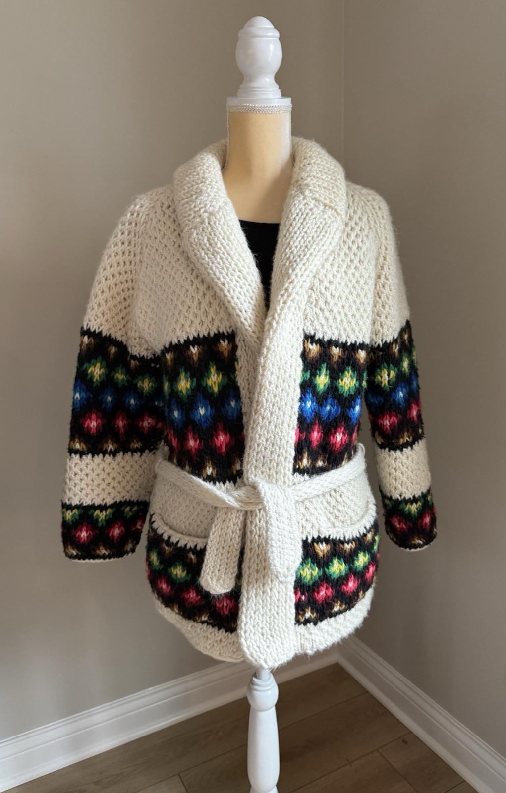 Vintage 60s-70s Cowichan Cardigan With Pockets ~ Shawl Collar ~ Chunky Knit