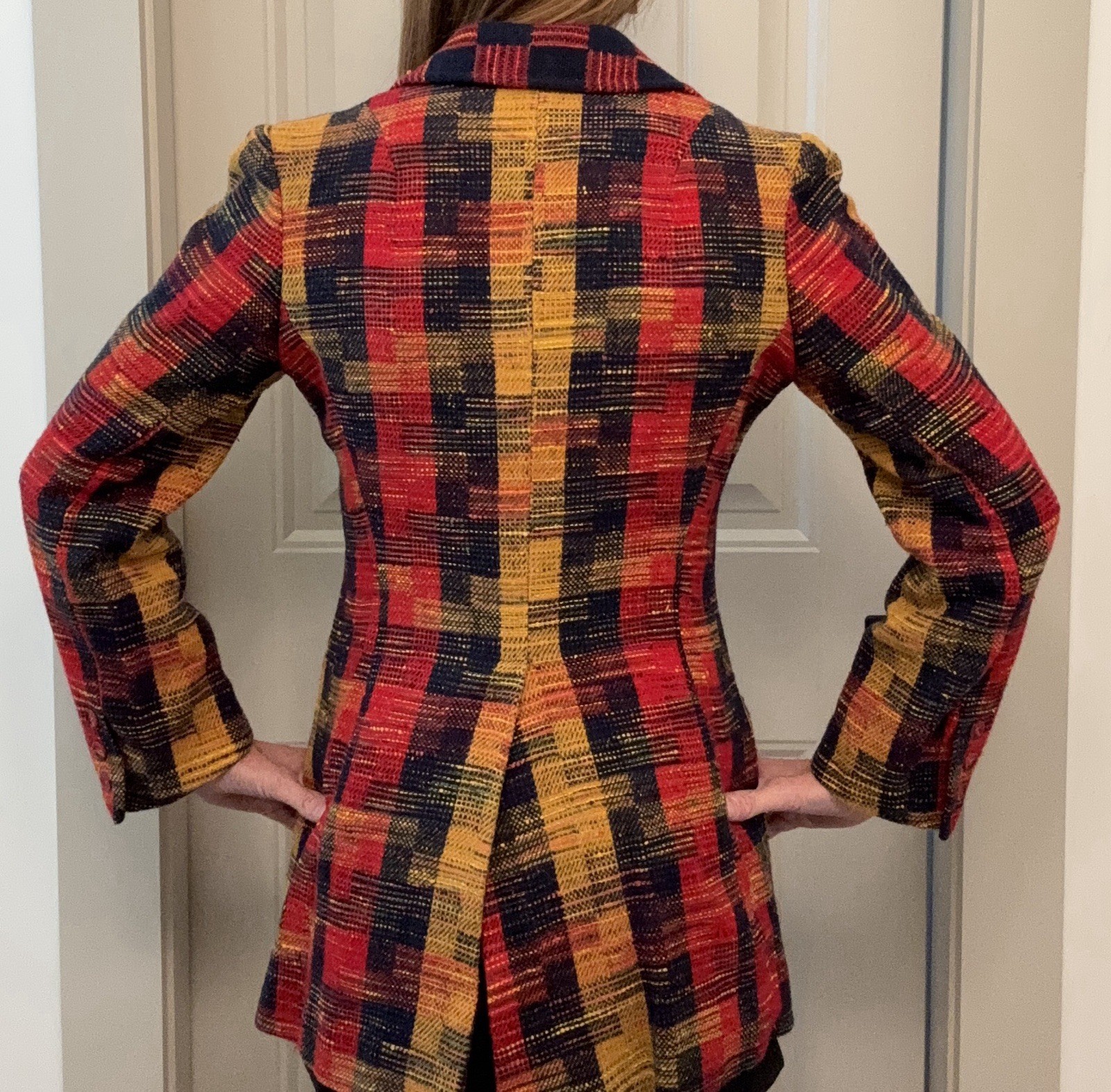VTG 1970s Patchwork Plaid Wool Blazer Wide Lapels Retro Red Yellow Black Sz XS