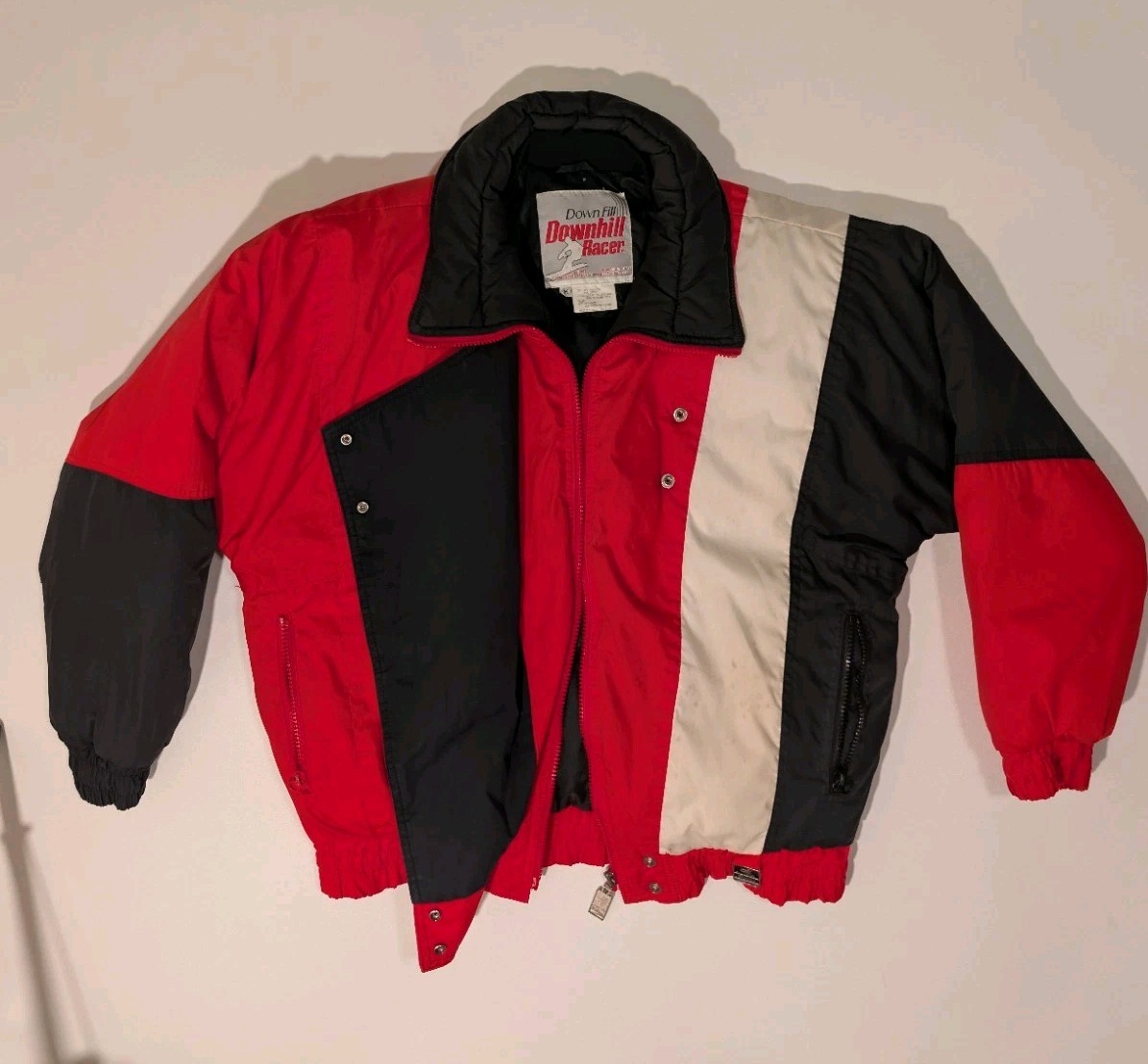Vintage Down Fill Downhill Racer Ski Jacket Red White Blue Color Block Geometic