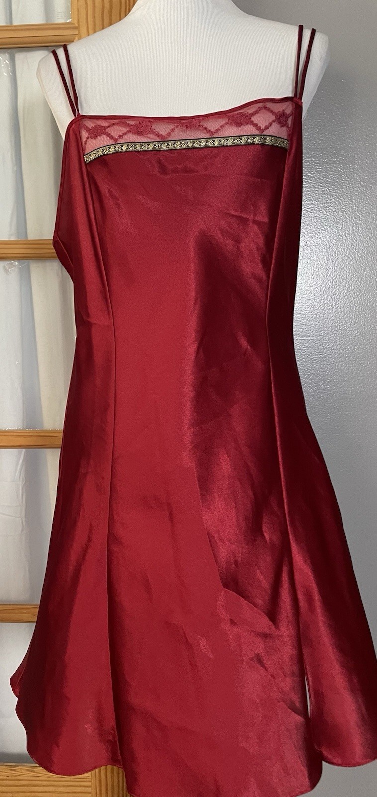 Vtg 80s Delicates Satin Nightie Sleepwear Sz L Red Lace Trim Slit Straps Sexy