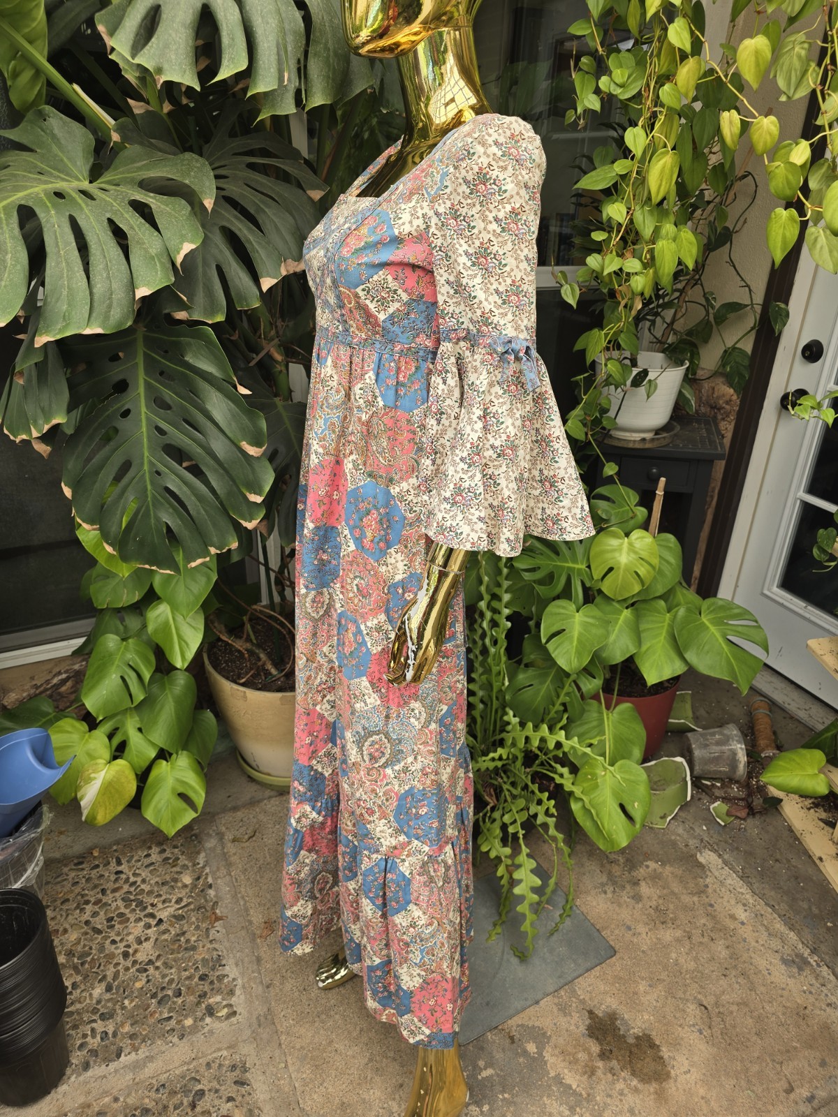 Vintage 1970s Vicky Vaught Prairie Maxi Dress Floral Patchwork Bell Sleeve S