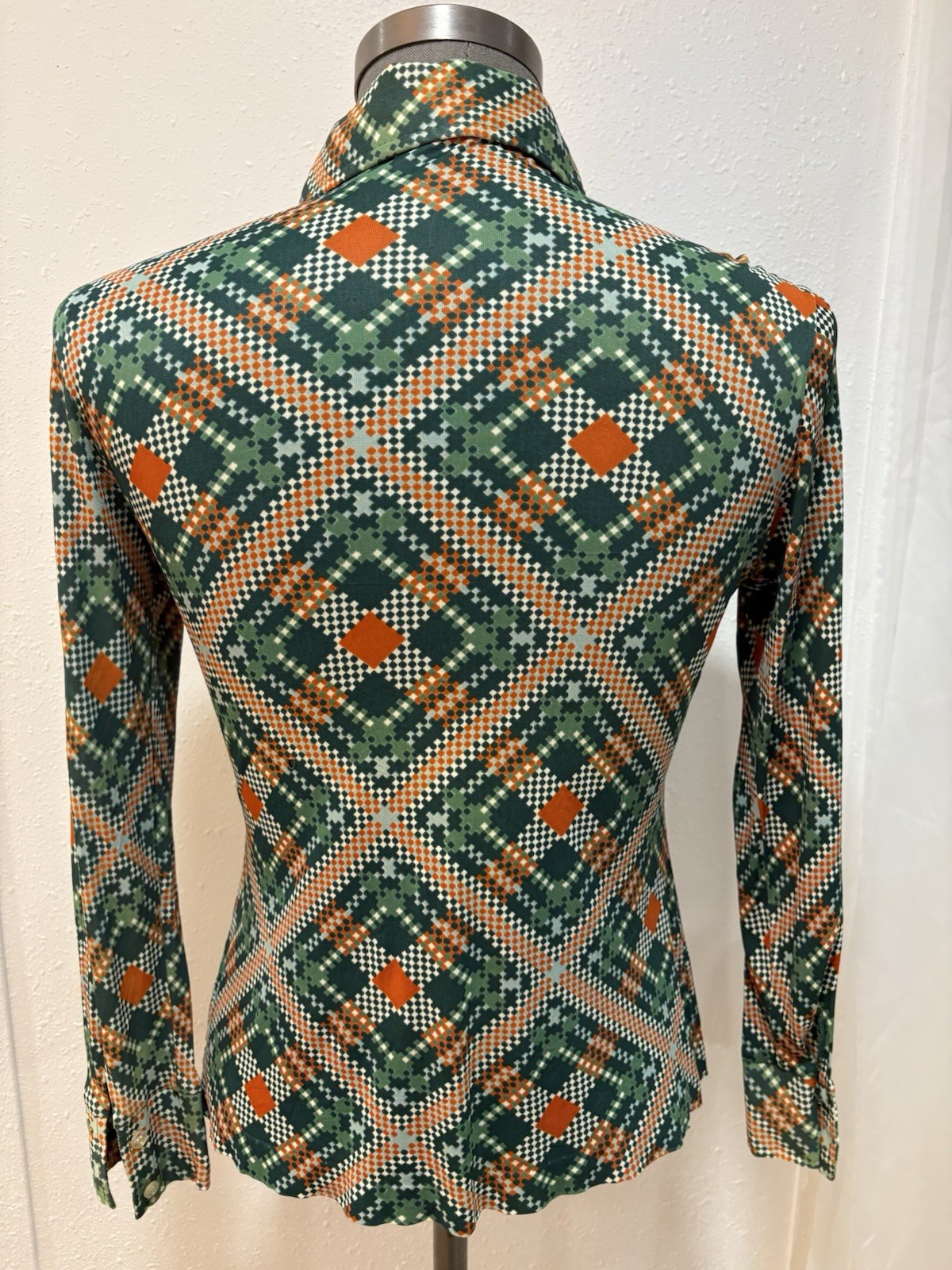 70’s Women Geometric Pointed Collar LS VTG button Down Polyester S No Tag