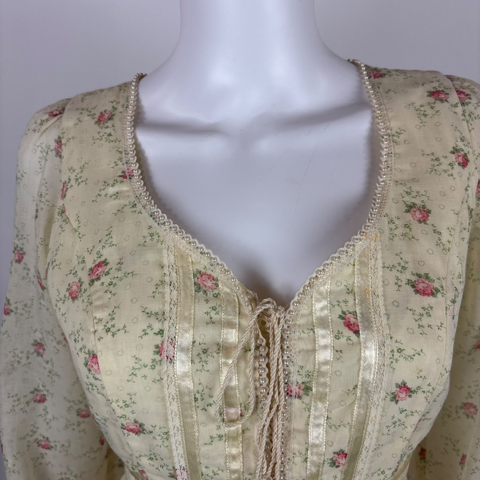 Vintage 70s Prairie Dress Womens Small Pink Rose Print Long Sleeve Gunne Sax