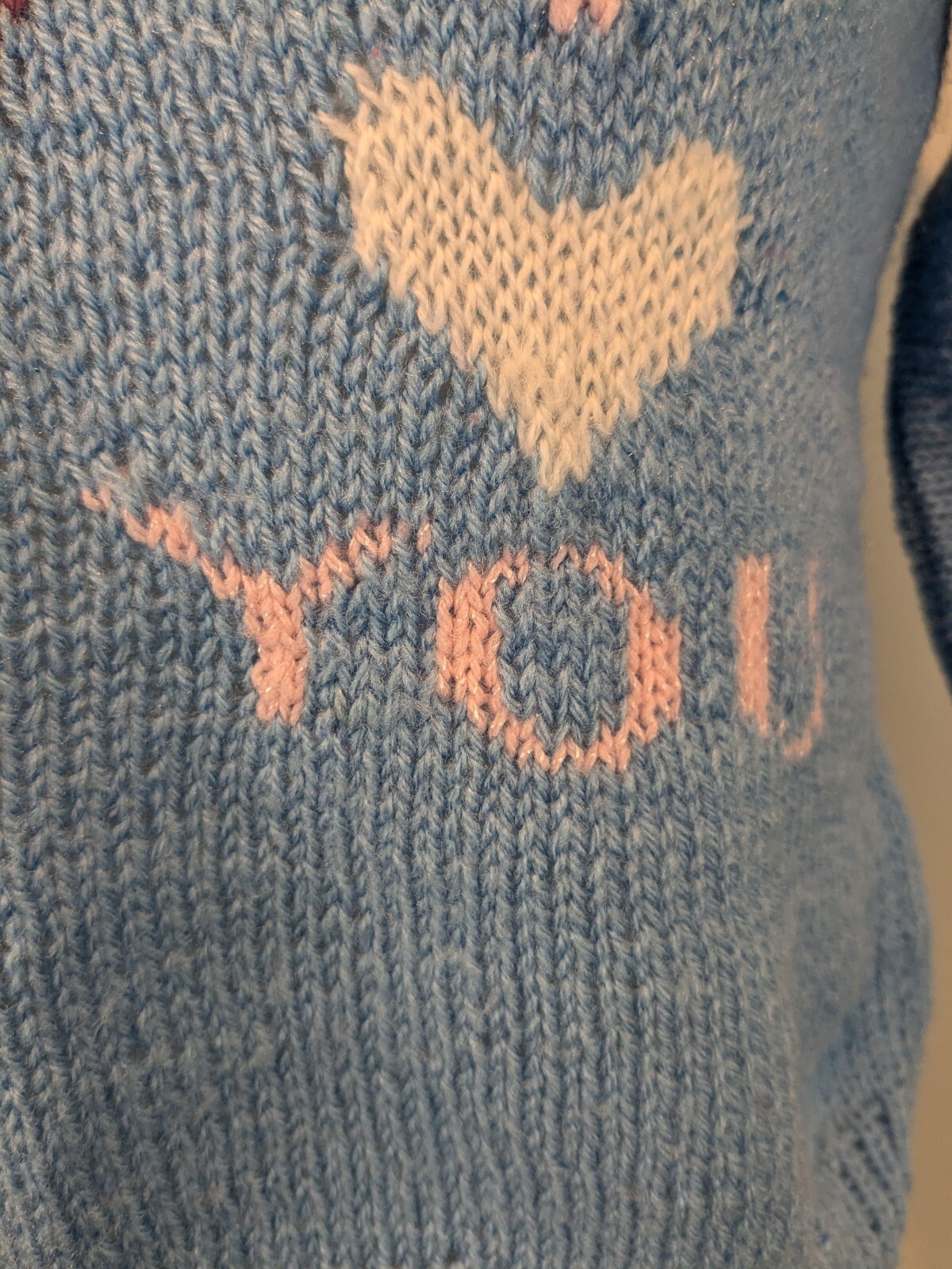 Vtg Handmade Wool Sweater I Love You OOAK Jrs Womens XS S Petite Blue Handknit