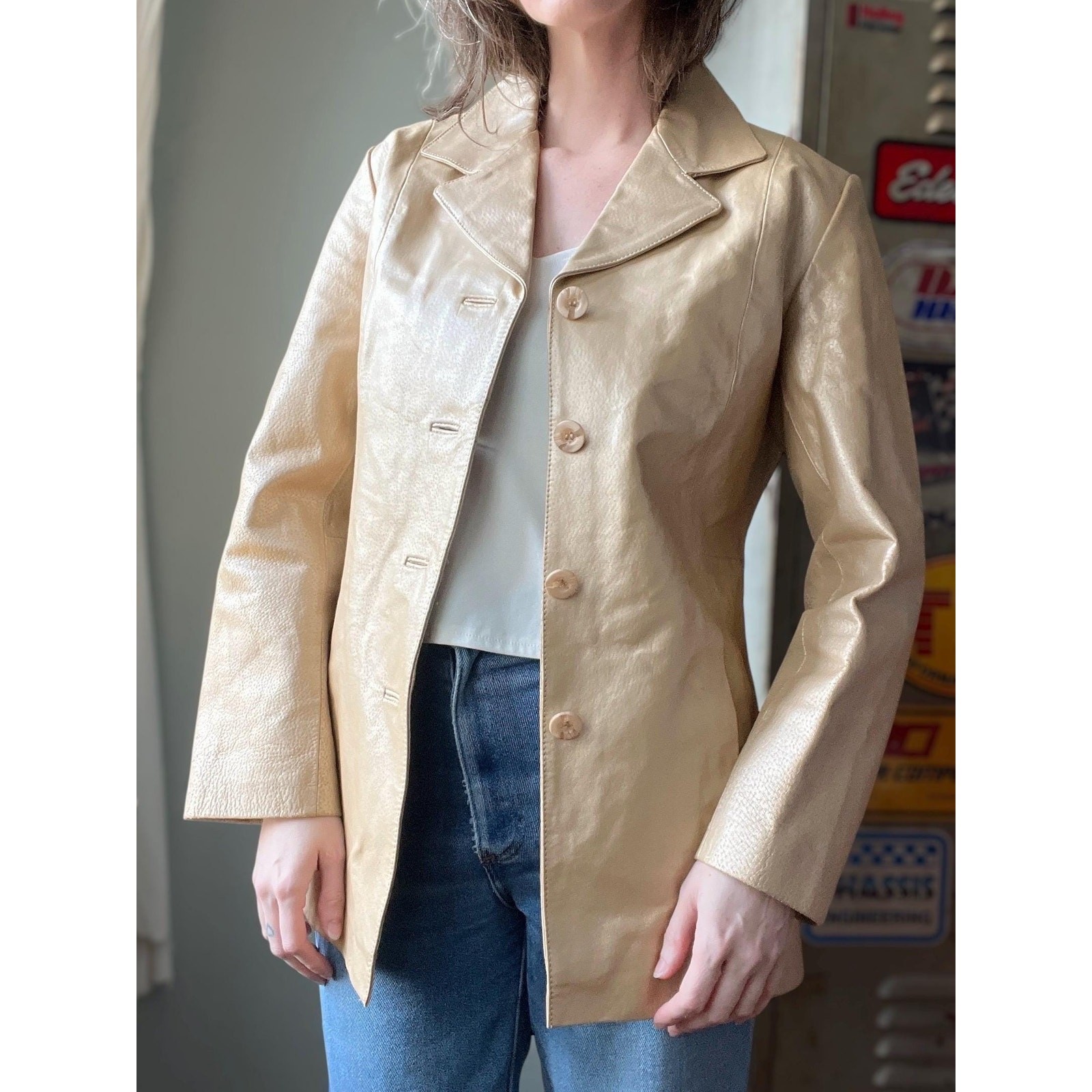 Vintage Y2K Champagne Gold Leather Jacket | Metallic Blazer | Minimalist | M