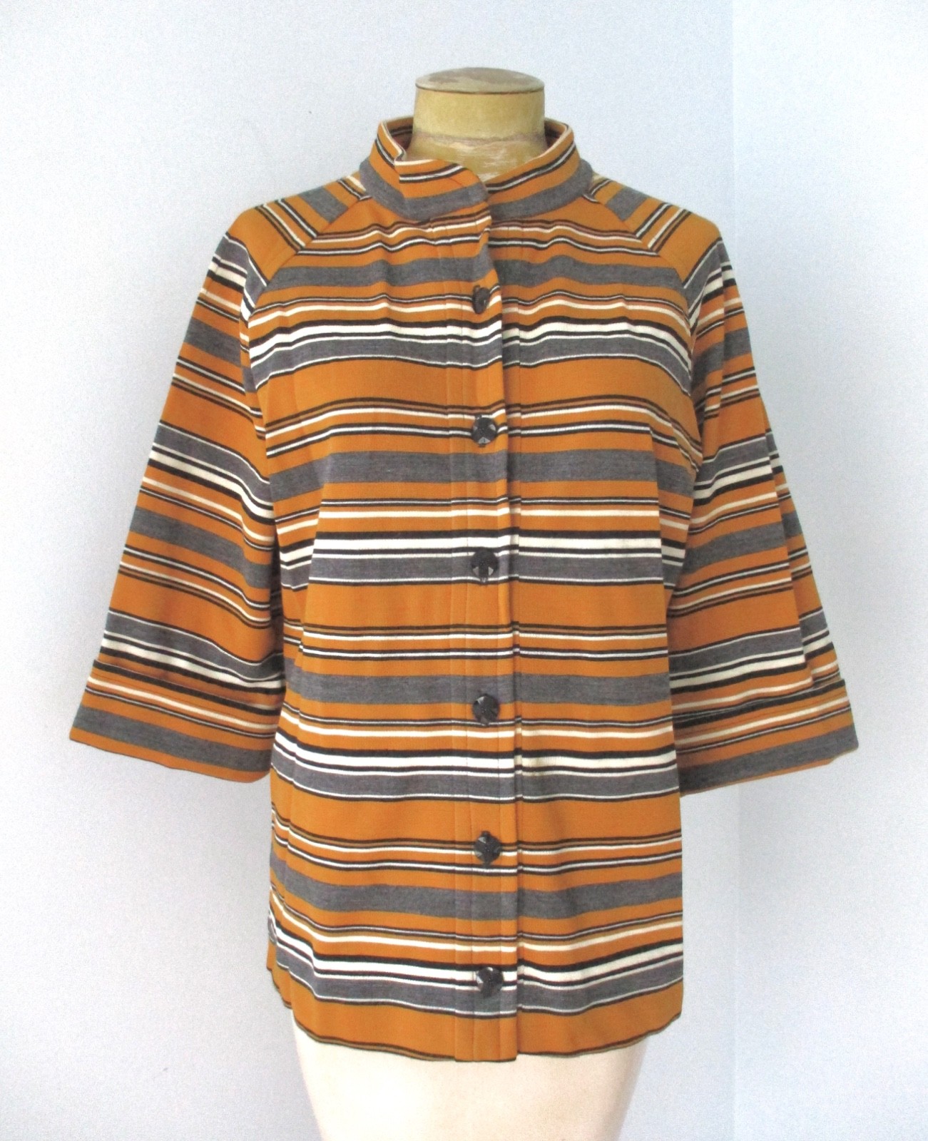 Vtg 60s mod gold gray stripe wool knit button Nehru collar jacket blouse top M/L