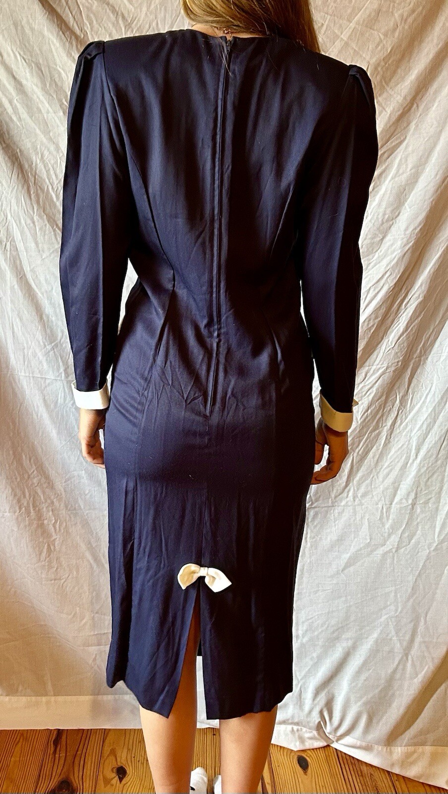 Vintage 1950’s Navy Dress with Cream Bows Art Deco Retro