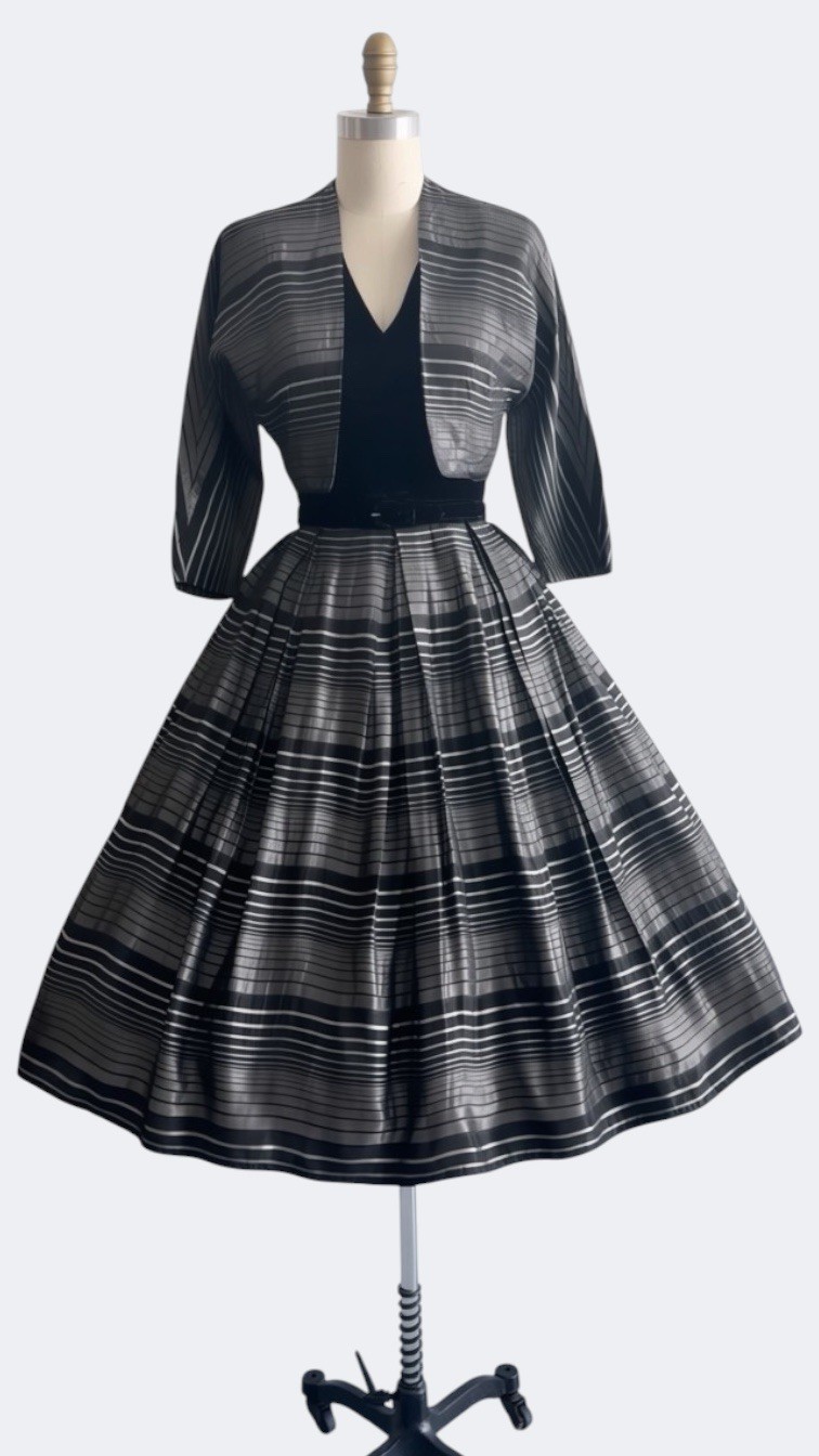 Vtg 1950s Belted DRESS Set Cocktail Party Velvet Halter Top Crop Bolero Jacket