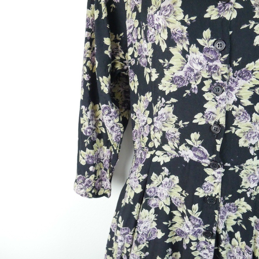 Vintage 90s Floral Midi Dress XS S Button Front Moody Floral Grunge Cottagecore