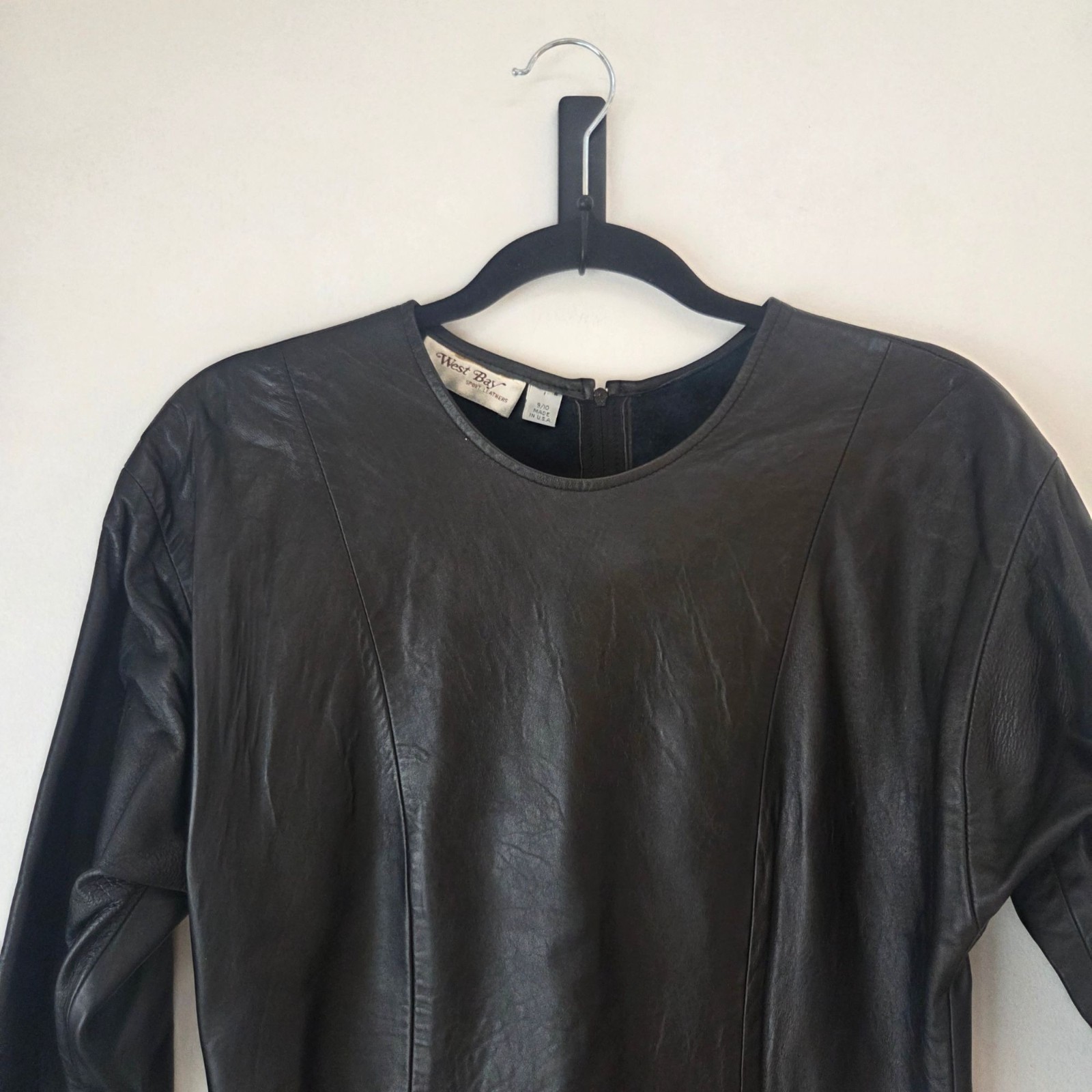 Vintage 90s Black Genuine Napa Lamb Leather Sheath Dress West Bay Sport 9/10