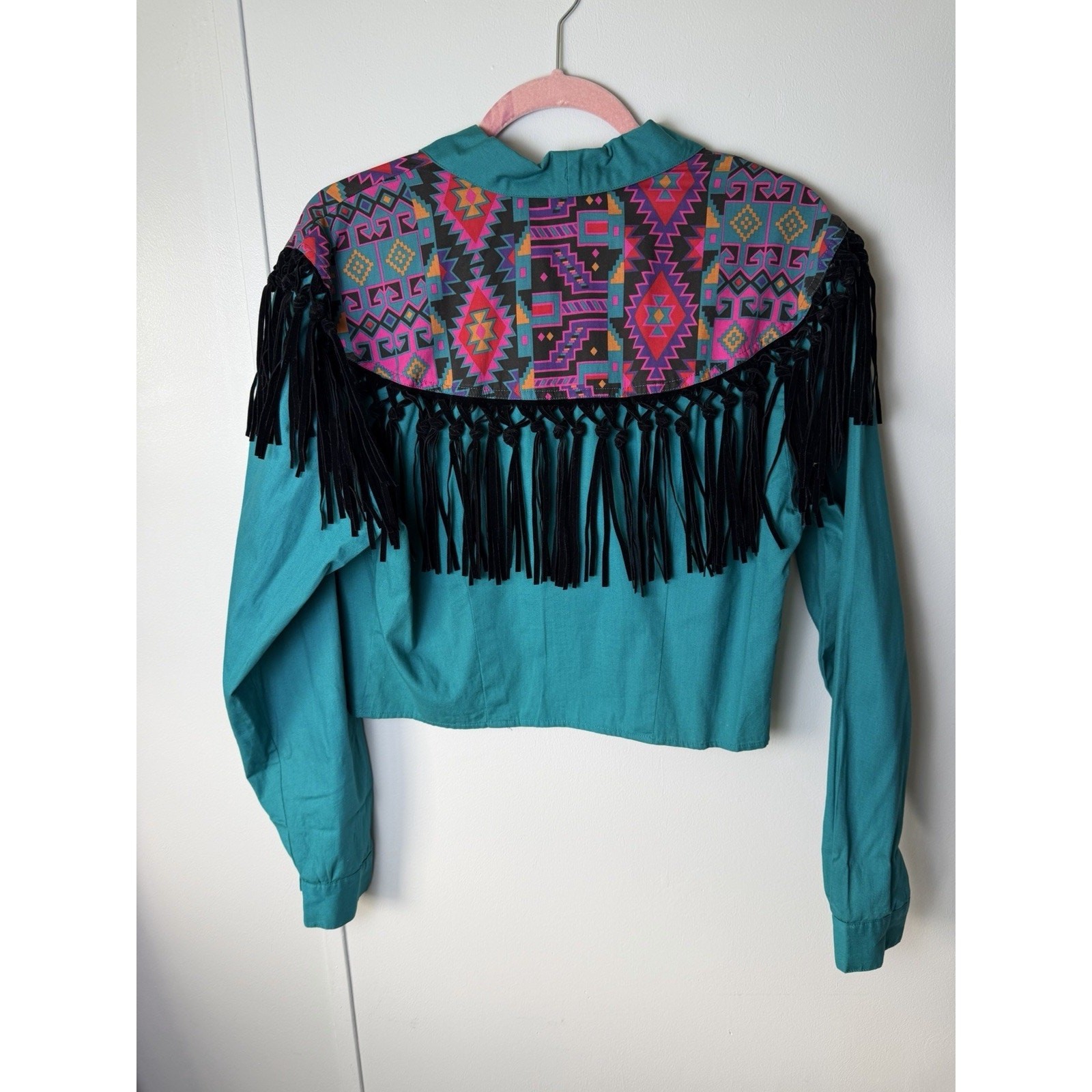 VTG Adobe 1993 Aztec Cotton Western Southwest Fringe Cropped Shirt Medium