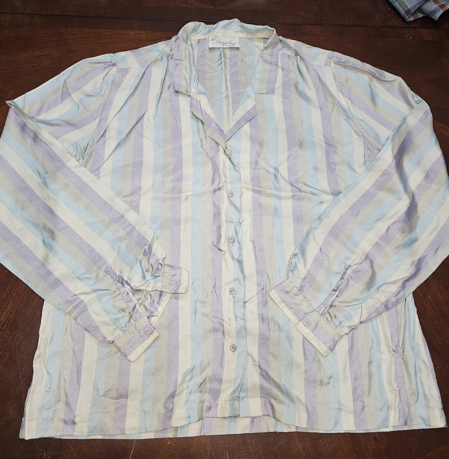Vintage 80s Button Stripped Silky Longsleeve Blouse By SHAPELY SZ 16 Blue Purple