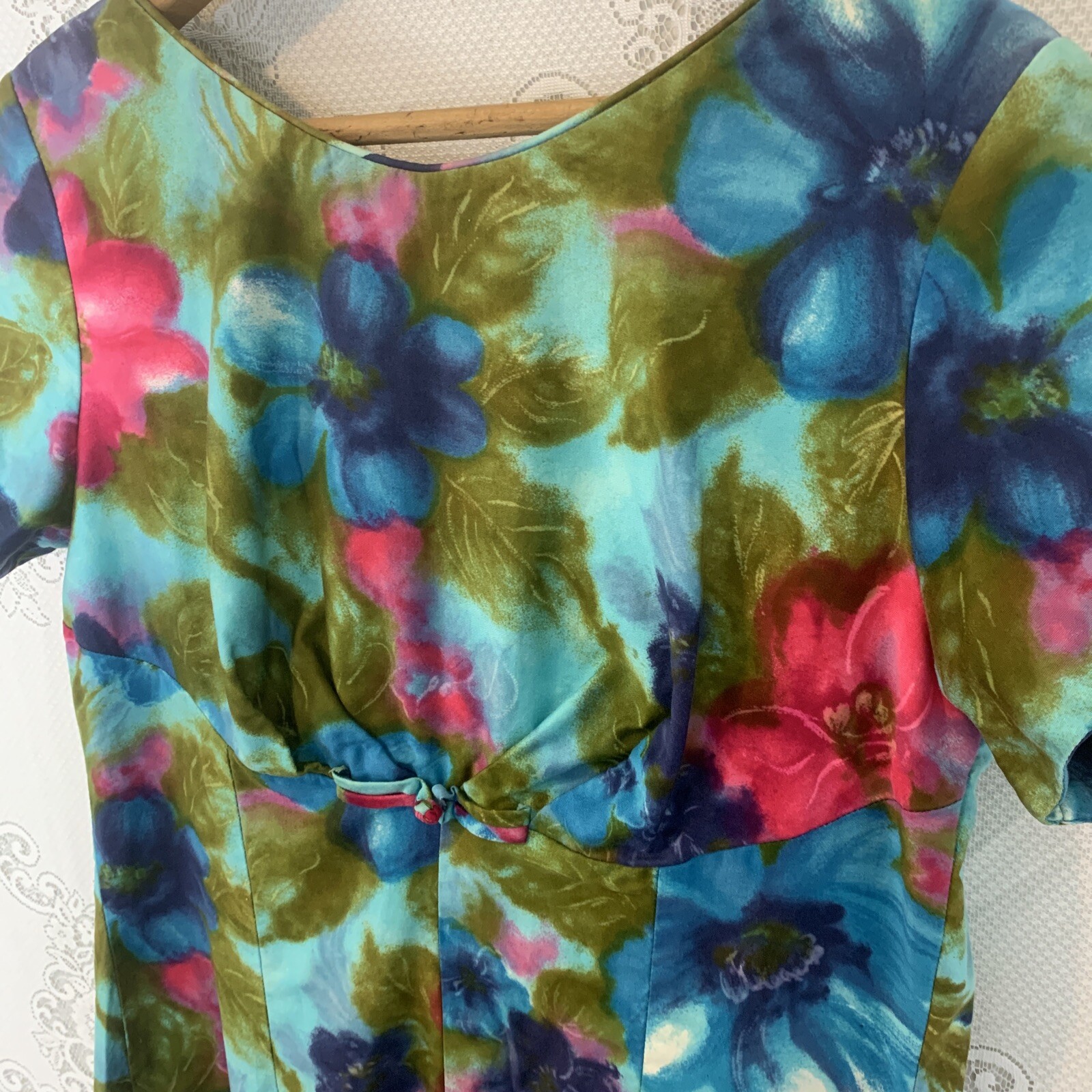 Vintage 50’s Alice PolynesianFloral Maxi dress with drape in the back Size L