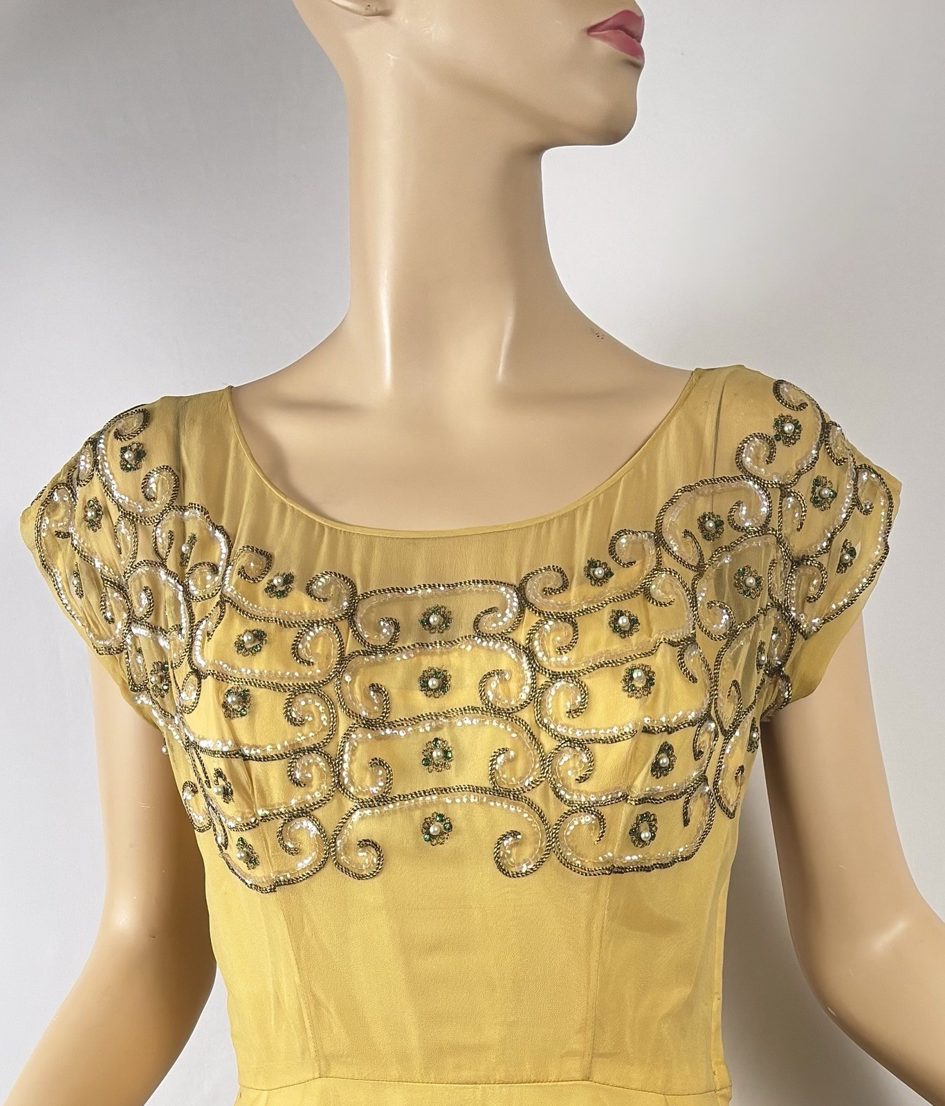 Vintage 40s Goldenrod Silk Chiffon Evening Gown Rhinestones, Sequins, Gold Cord