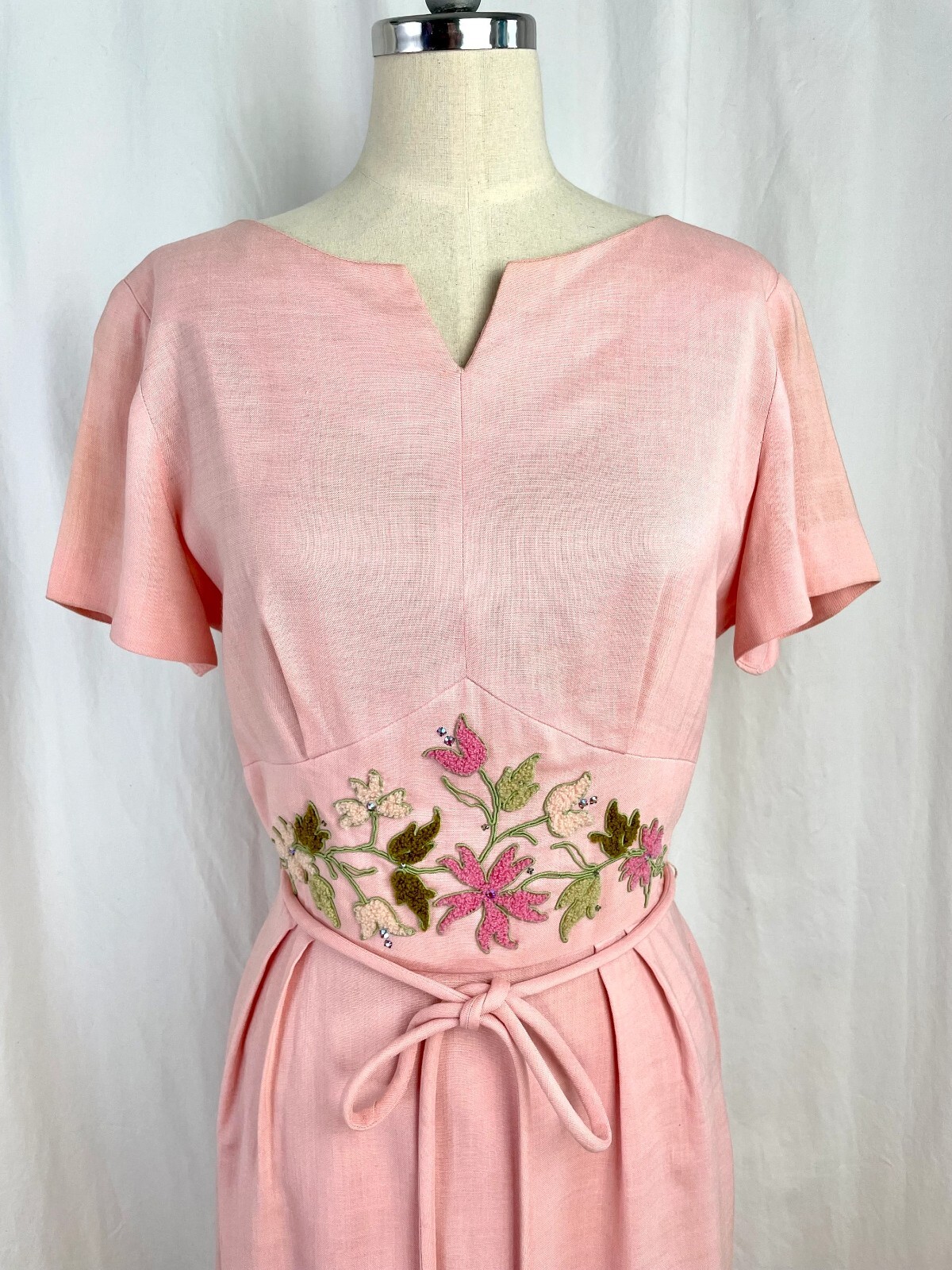 Vintage 60s Small Fashionmaker Original pink with soutache waist belted Dress