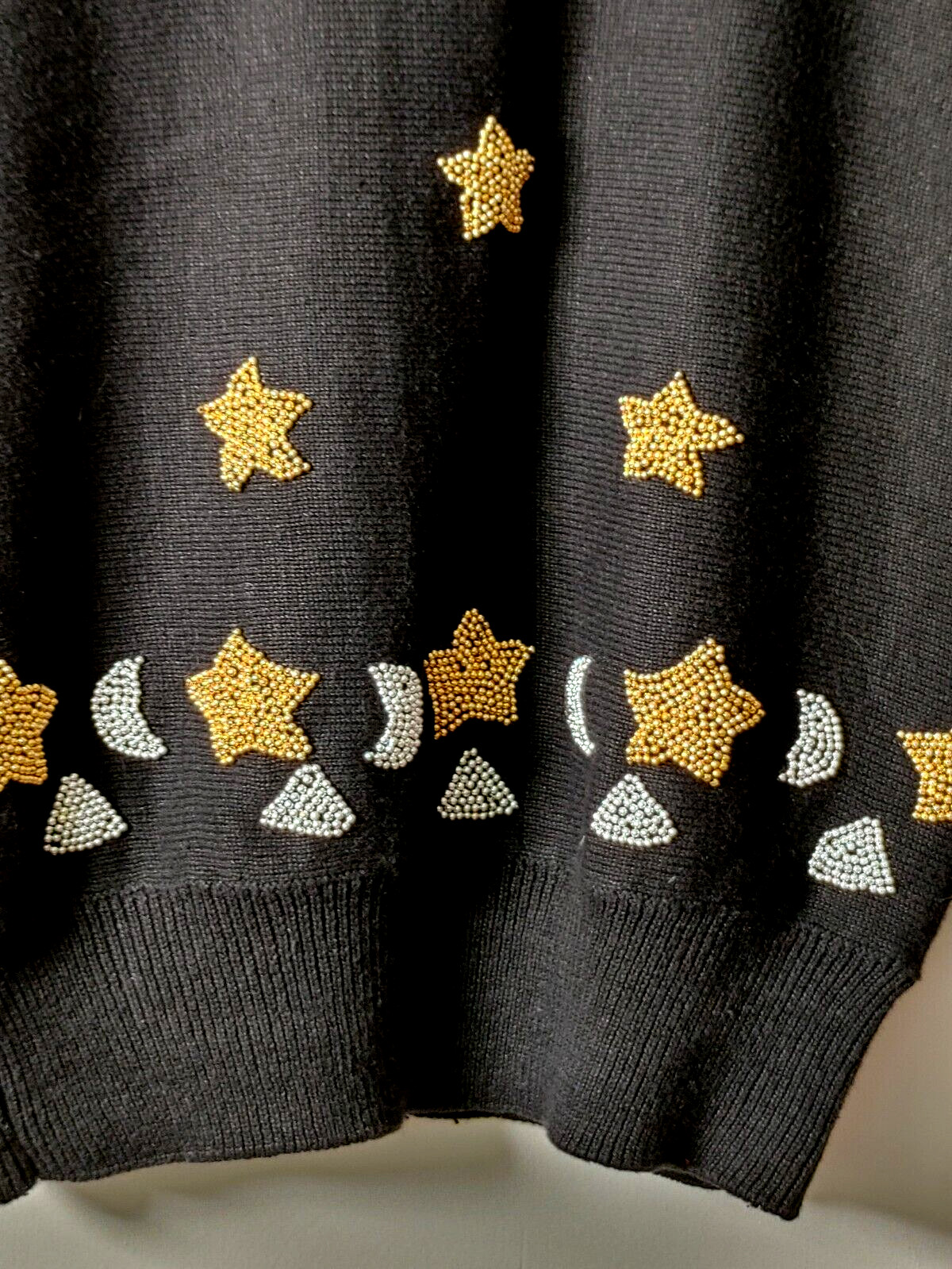 VTG EMINENT SWEATER „S” CREW NECK SCHOULDER PADS BEADED GOLD STARS SILVER MOON