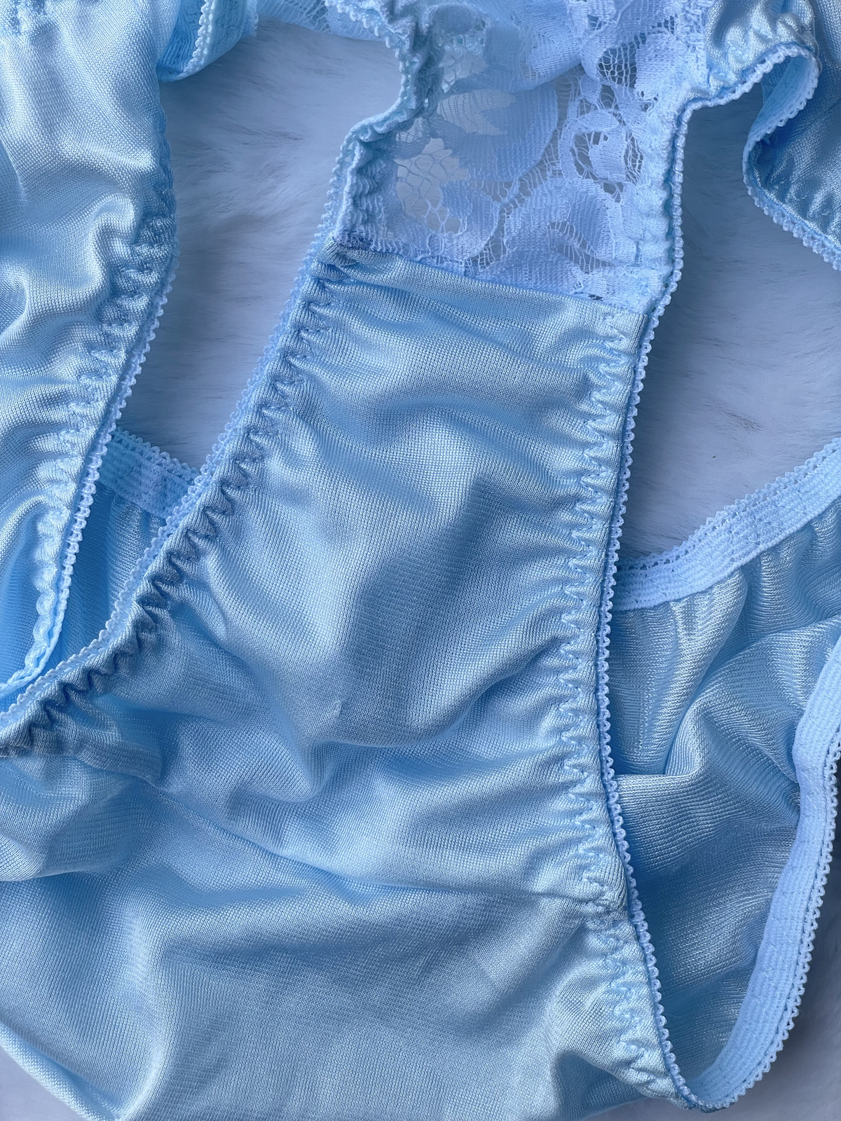 Vtg Slippery Powder Blue Nylon Panty Sheer Lace Hi Cut Briefs SZ.5-6 Hip 35-38″