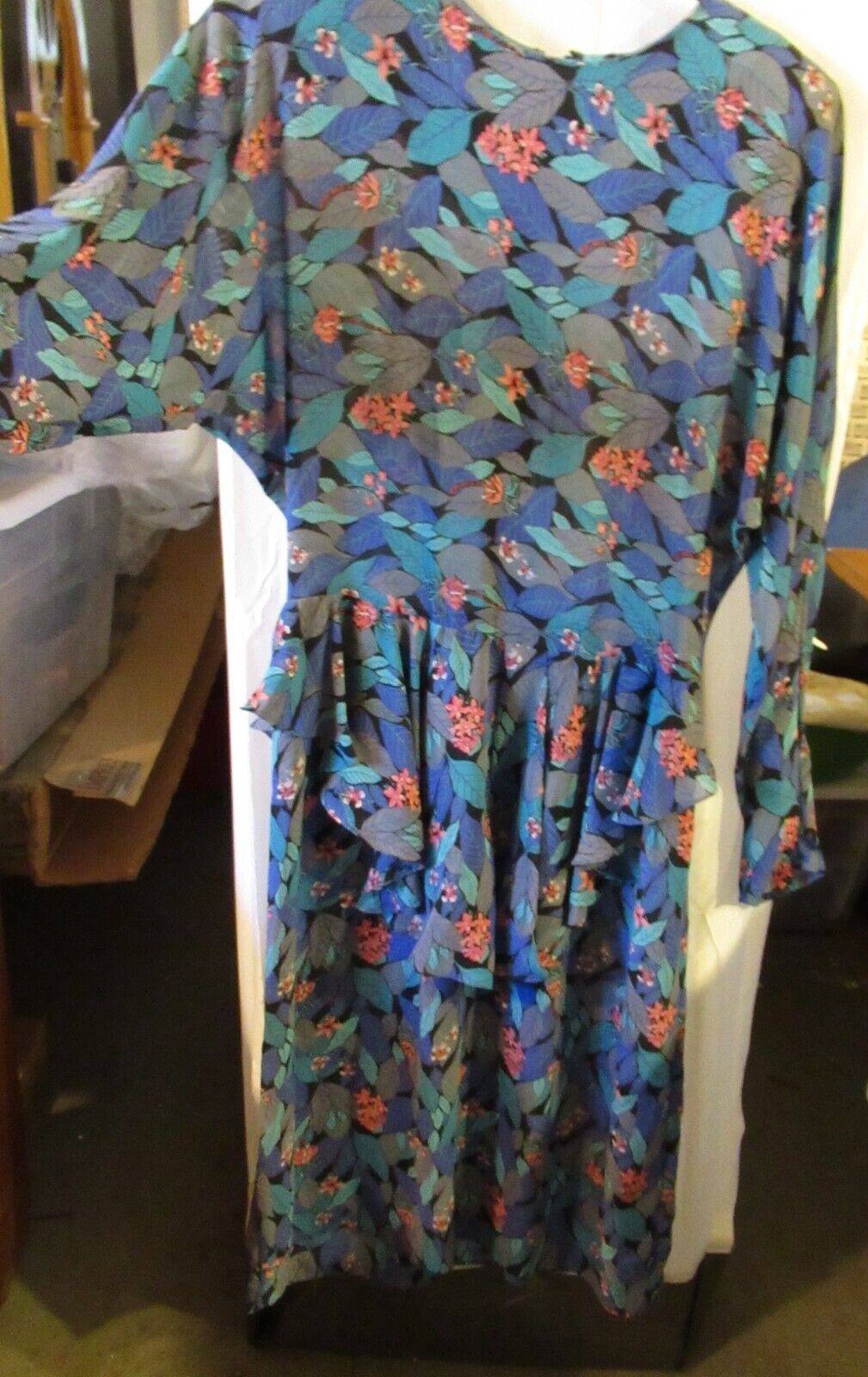 Vintage 80s long sleeve peplum dress leafy green blue purple print sz 11/12