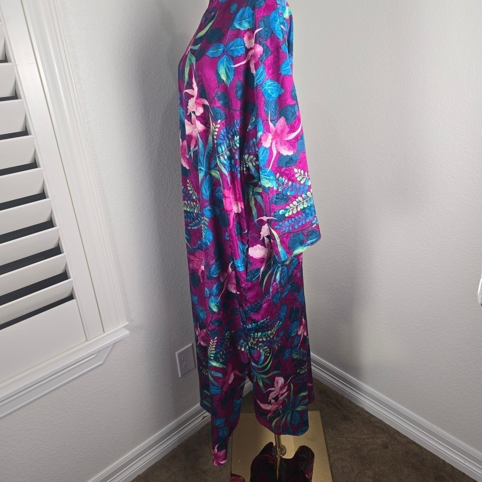 Valerie Stevens Vintage 80s 90s Floral Satin Caftan Maxi Jacquard Lounge Dress L