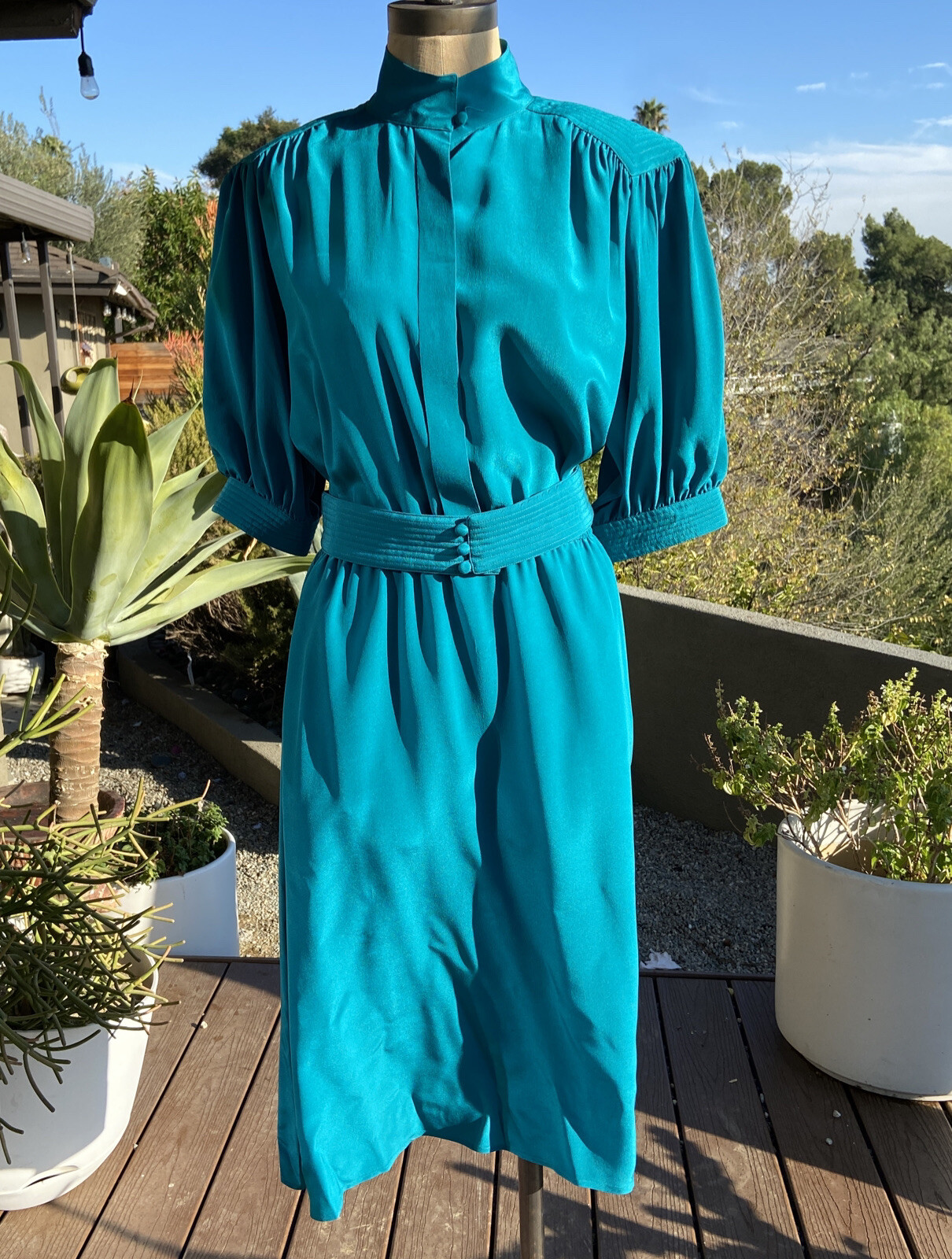Vintage Pierre Cardin dark turquoise silk dress, circa 1980s, Sz8