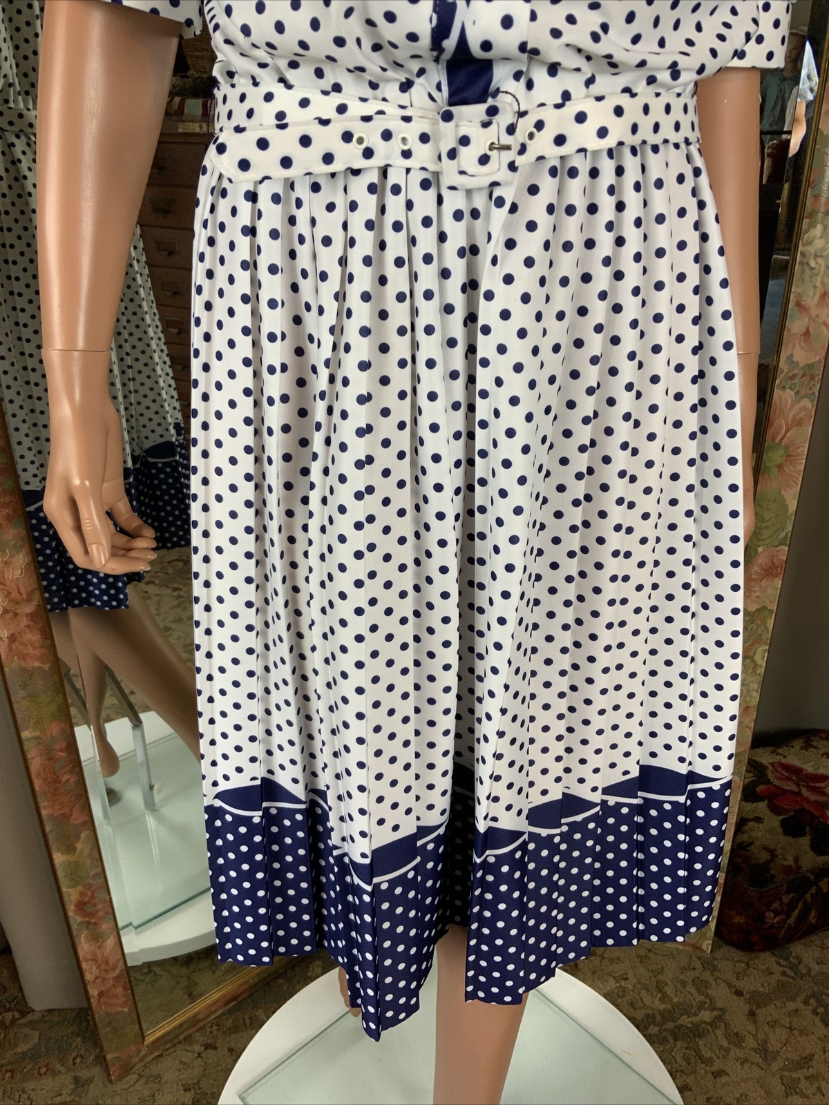 Vtg 80s Whirlaway Frocks Blue & White Polka Dot Belted Dress Sz 16P Bust 40