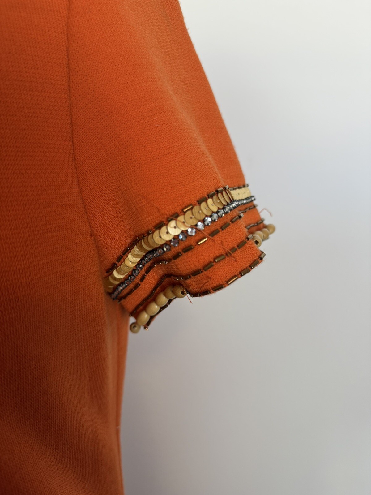 VTG 70s Fantasia Phoenix Orange Beaded Maxi Dress W Front Slit Fully Lined M/L