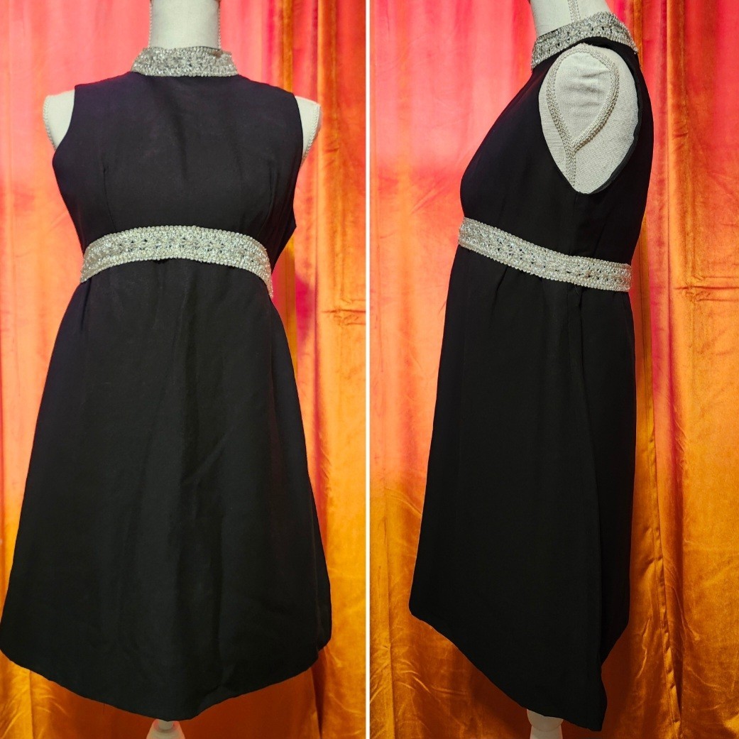Black Silver Mod 1960s Party Dress Mock Neck Empire Waist Mad Men Twiggy Small