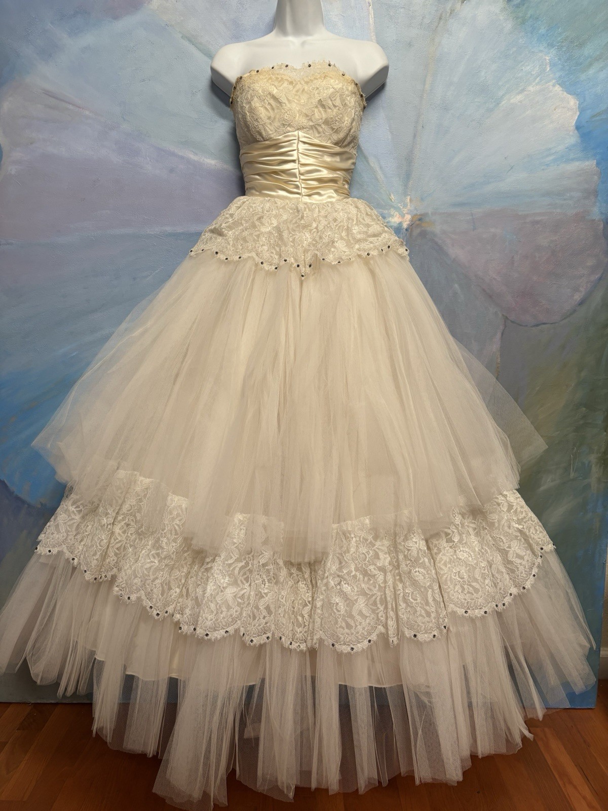 Vtg 1950s Ivory Lace Tulle Bridal Prom Dress Wedding Gown Petticoat Rhinestones
