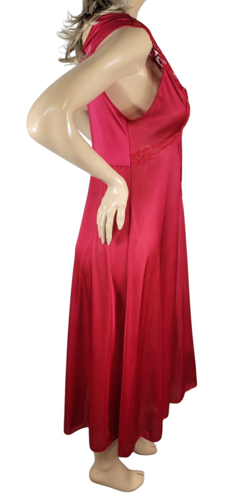 Vintage Soft Moments New York Red Nylon Satin & Semi Sheer Lace Slip Nightgown L