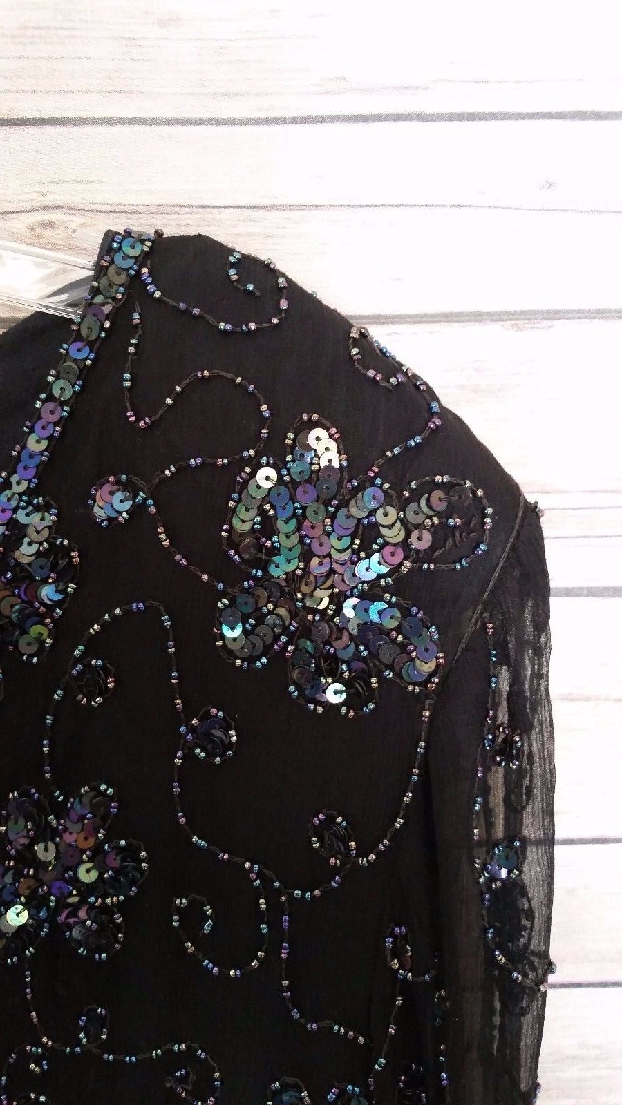 Vintage Royal Feelings Beaded Top Blouse Sheer Sleeves V-Neck 100% Silk Size M