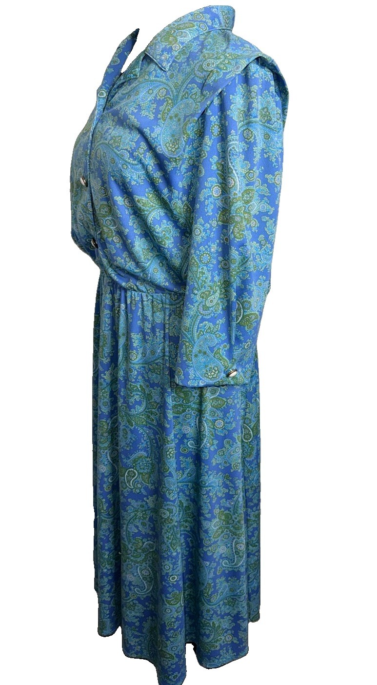 California Looks Vintage Women’s Dress Blue Green Paisley Pockets Sz 12 *no Belt