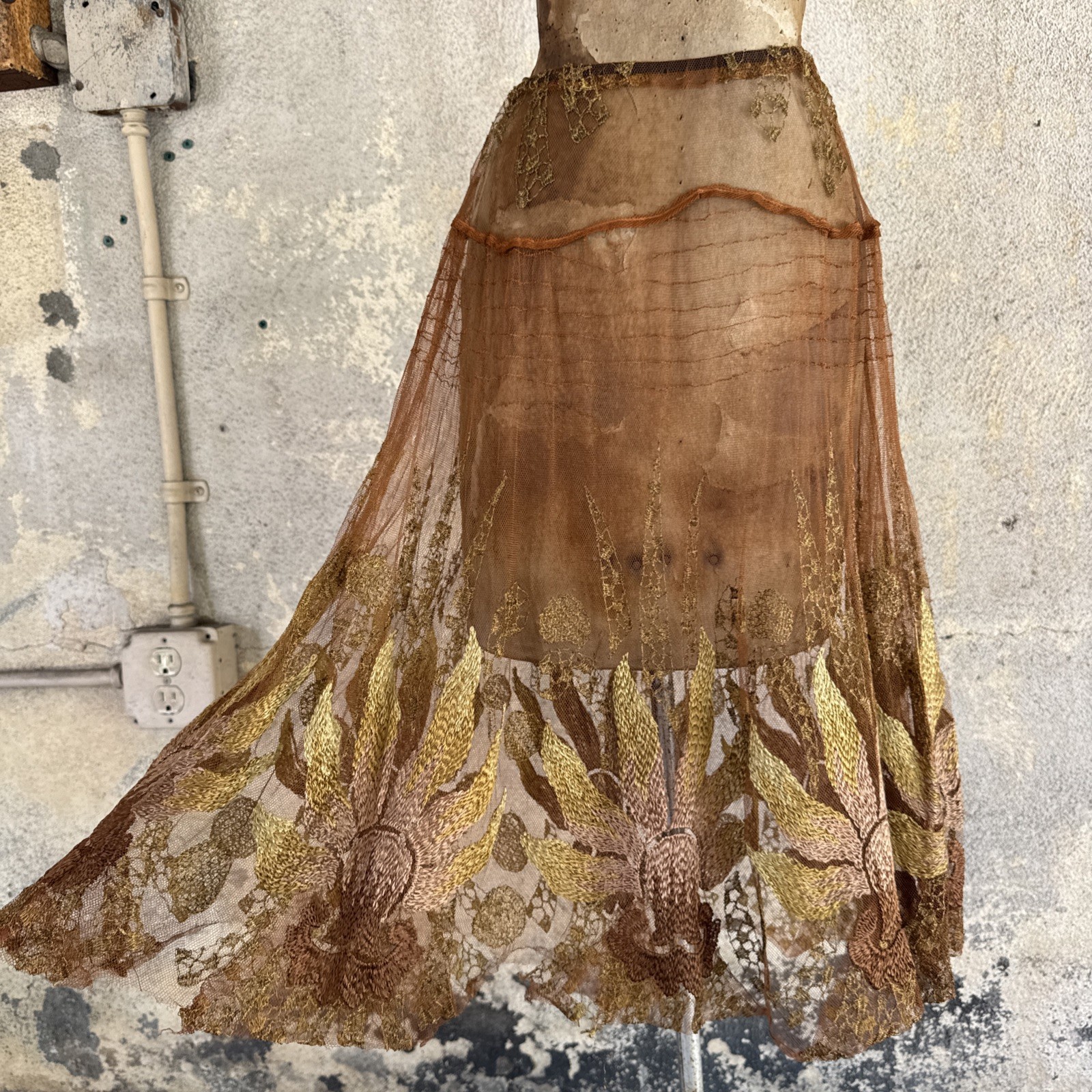 Antique 1920s Copper Net Skirt Silk & Metallic Embroidery Dress Vintage