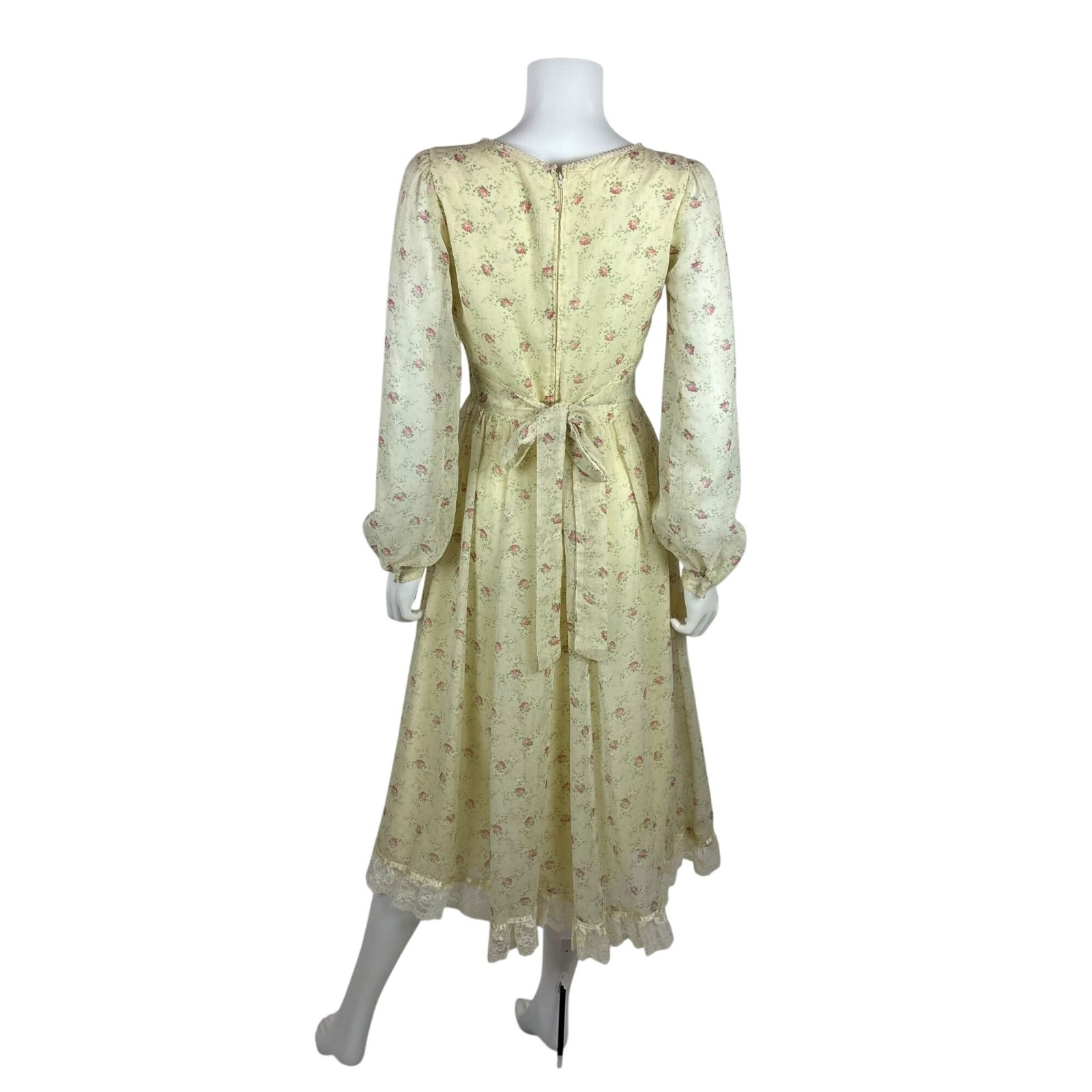 Vintage 70s Prairie Dress Womens Small Pink Rose Print Long Sleeve Gunne Sax