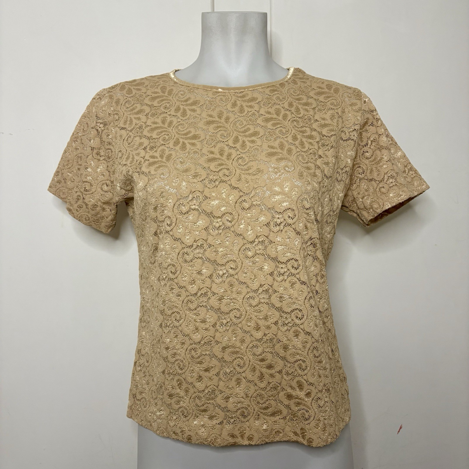 Vintage 80s Lucie Ann Tan Nude Floral Layering Lace Mesh T Shirt