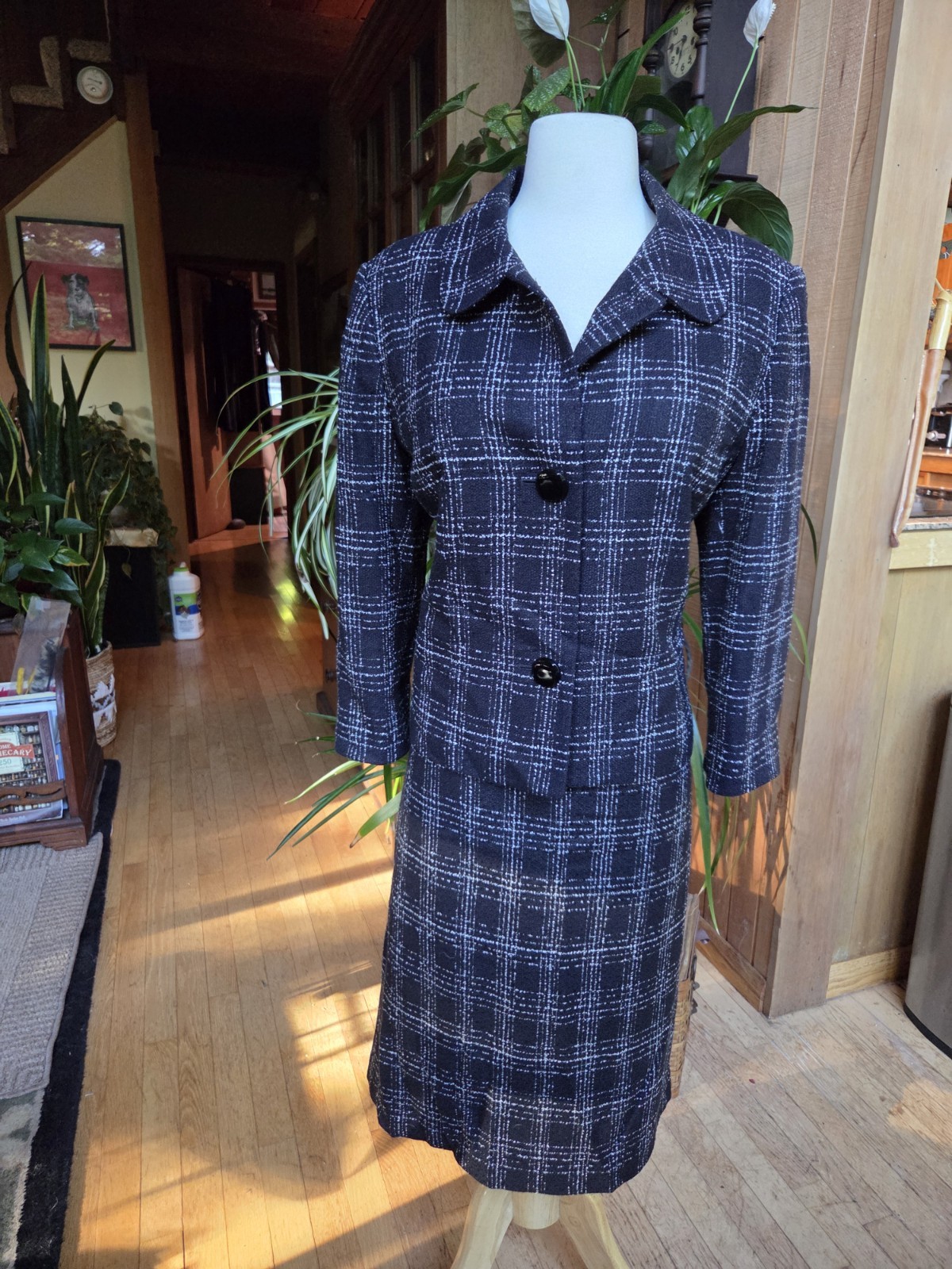 VTG 70s Studio Plaid Skirt Suit Set Size 14 Black White Padded Shoulder MINT