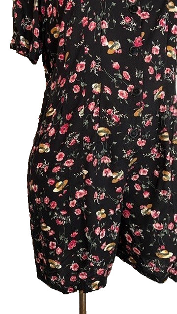 Vintage 1990s black pink romper XXL novelty print hats floral rayon plus size