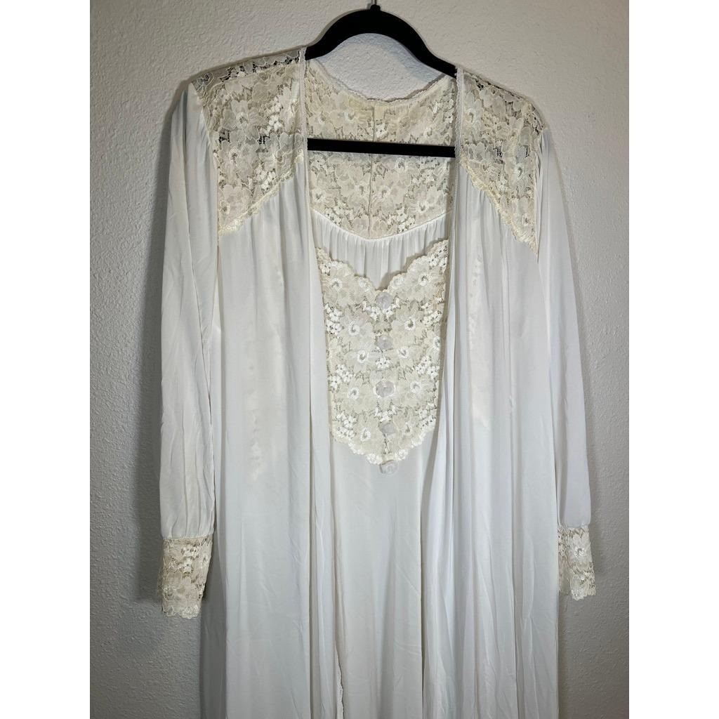 Vintage Lace Peignoir Nightgown & Robe Set L Ivory Vintage Lace Peignoir USA VG
