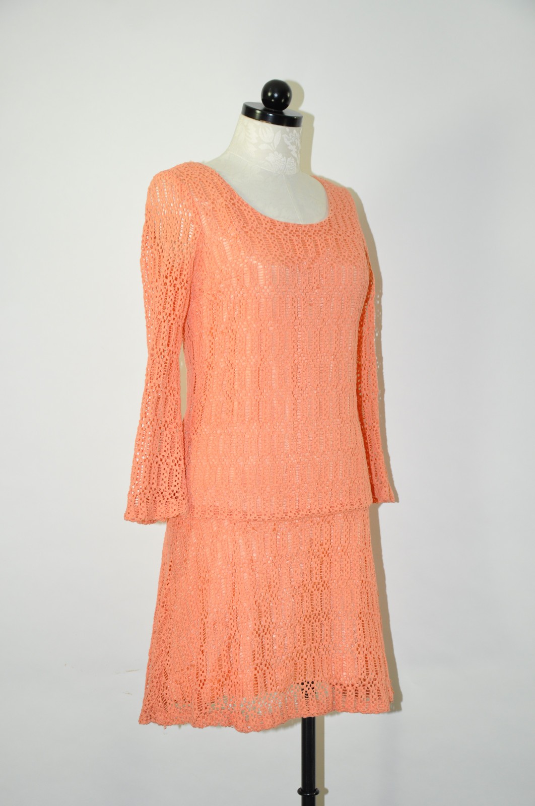 60s Vintage Orange Sorbet Crochet Knit Lace Dropped Waist Mini Dress Women S M