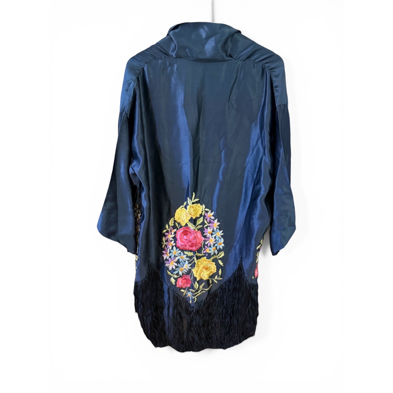 Vtg roaring 20s Embroidered Piano Shawl Kimono Black Fringe Duster Robe boho L