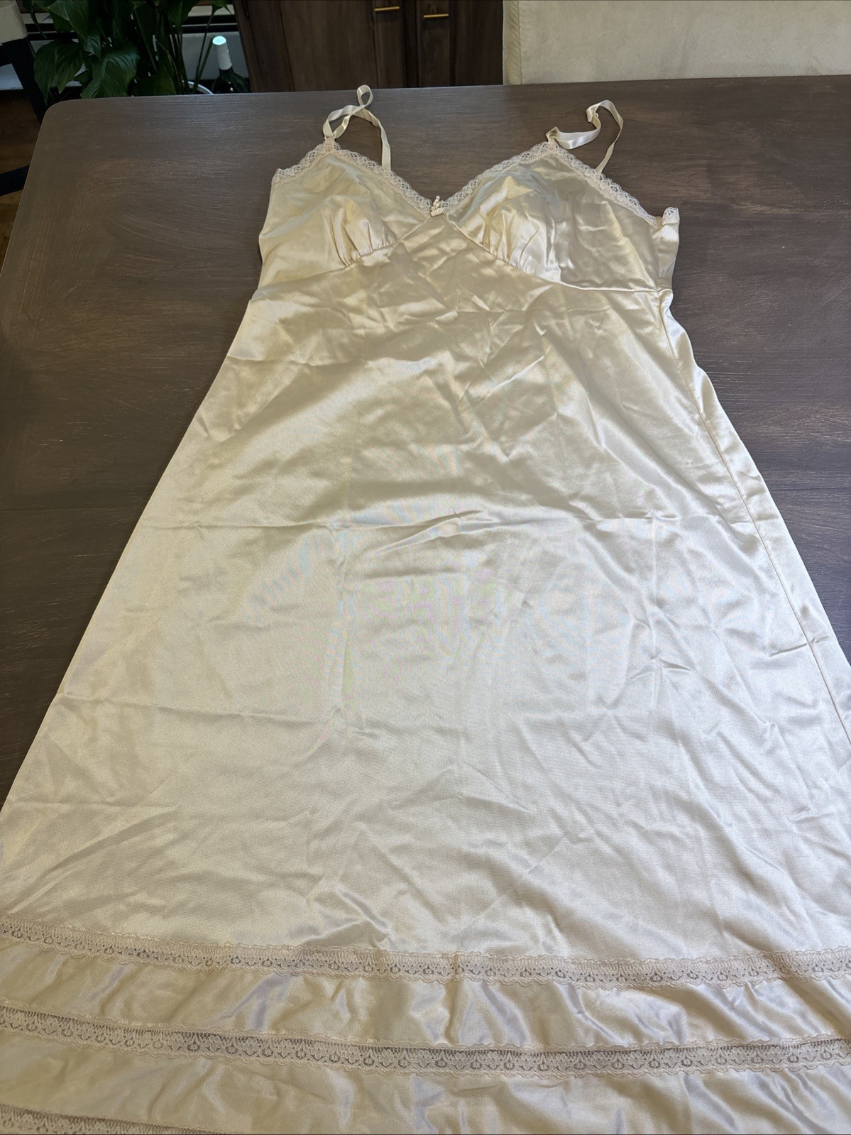 VTG Sears Full Slip Size 38 Nude Beige Nylon Cut Away Lace Trim to Shorten